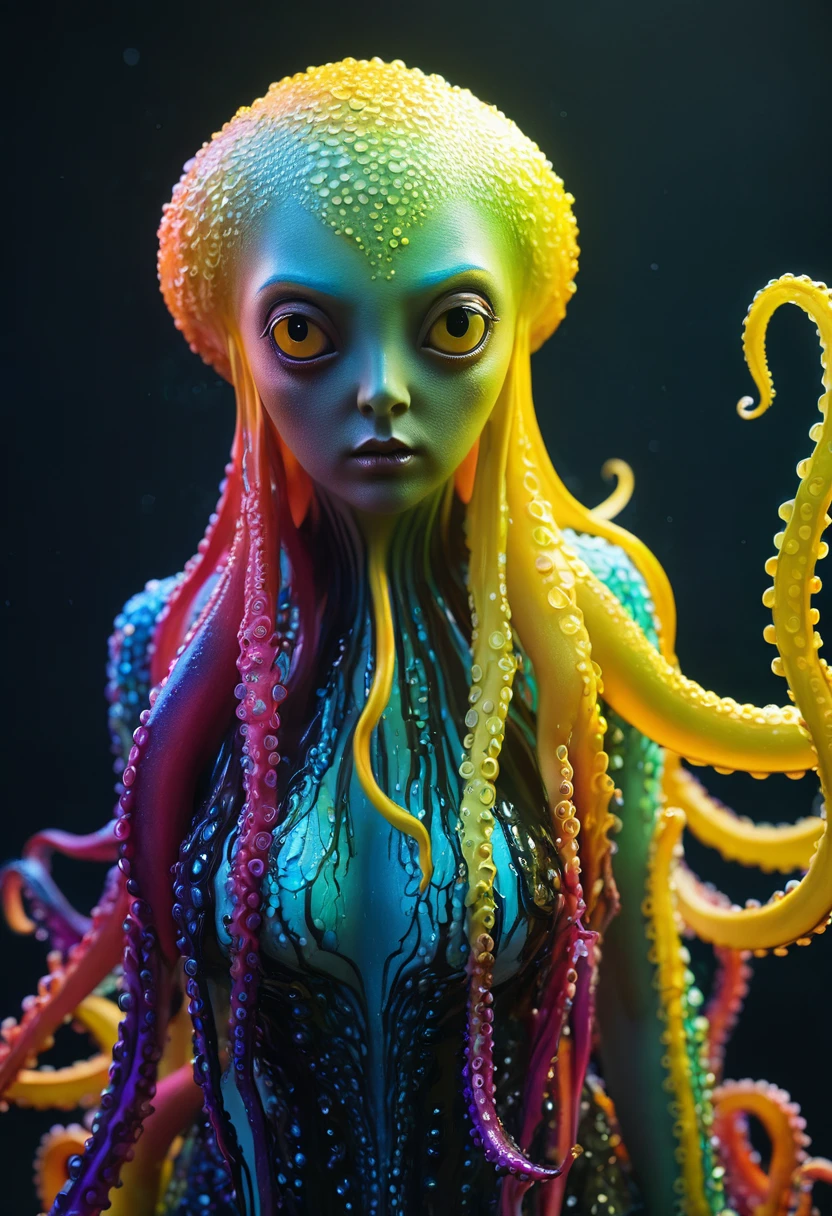 8K, ARTISTIC photogrAphy, best quAlity, mAsterpiece: 1.2), A (potrAit:1.2)  witch BLOOD Toon Doll Cthulhu police, EYES, CYAN many octopus style tentacles, full body RAW candid cinema, pink hair, 16mm, color graded portra 400 film, remarkable color, ultra realistic, sad admosphere, dark lighting, oppressive atmosphere, depressive colors, kodak portra 400, photograph,r, Natural Light, Pinhead lighgts, blur reflection, Brush Strokes, Smooth, abstract, Splatter, Oil On Canvas, rainbow colors, fractal isometrics details bioluminescens : a stunning realistic photograph of wet bone structure, 3d render, octane render, intricately detailed, titanium decorative headdress, cinematic, trending on artstation | Isometric | Centered