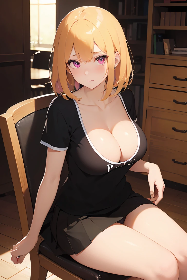 masterpiece, absurdres, best quality, ultra detailed, high Resolution, detailed illustration, bright colour, (extremely beautiful detailed face and eyes, Delicate beautiful face, 1 girl, cute face:1.3), (magenta eyes:1.1), sparkling eyes, big eyes, medium breasts, (perky breasts:1.1), (pointy breasts:1.1), medium hips, glamorous body, white skin, BREAK, long bob cut, (blonde hair:0.8), messy hair, detailed hair, shiny hair, BREAK (buggy t-shirt, Cleavage, slouch, mini-skirt, panties:1.5), perfect lighting, (embarrassed:1.5), (ecstasy, vulgarity:1.5), (trembling:0.8), (Peeking from below, Sitting in a chair:1.3)