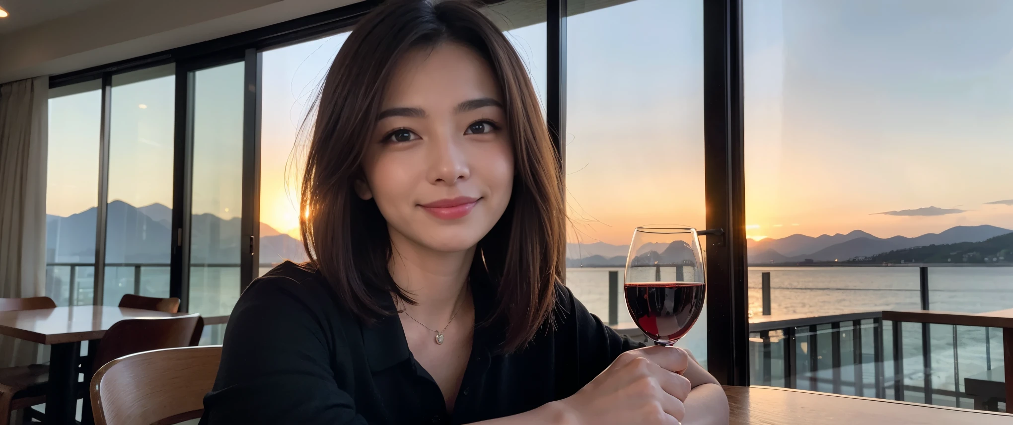 ((highest quality、8k、masterpiece:1.3))、Sharp focus:1.2、Beautiful woman perfect body:1.4、slimなボディ、((Bob Hale、Straight hair:1.2))、(to be born, highest quality, masterpiece:1.5), (Realistic, Intricate details:1.2), Ultra-high resolution, Put the light on your face、Amazing view of the sunset sky and clouds、Amazing mountain views、ニコニコ明るいsmile、wine glass、red wine 、Appetizers、Italian food、Wine bottle、Champagne、sparkling wine、, Beautiful Face, blue eyes, The light shines on your face, Blushing, short hair,Bright Face、Fox face、 (42 years old), 39 years old, Lady、Two beauties、Brown Hair、Shortcuts、Long sleeve shirt、dress、Pretty Woman 1, (slimな顔), (The body is slim), (Brown Hair), (Shortcuts), cheeks turn a little red,Attractive beauty、, Out of the window, A beautiful and detailed night view unfolds.........., restaurant, In a prominent place (From the waist up) Nova Frog Style, actress, model, Upper Body, White wine, slim, wine glass, 真ん中に置かれたwine glass, smile, (smile: 1.15), Beautiful fine grain, Depth f/2,saturation, High Contrast, Strong light and shadow,Moist Body:1.5、3D texture、Delicate eyes、Brown Hair、The hair is very shiny、