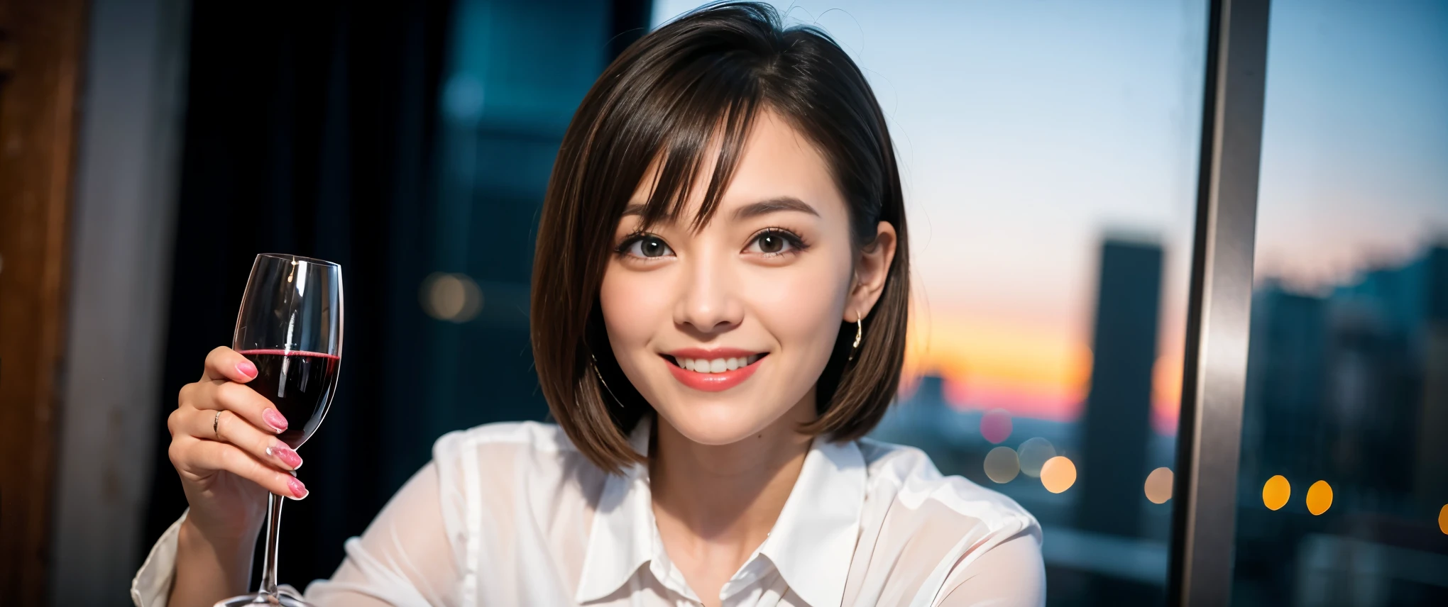 ((highest quality、8k、masterpiece:1.3))、Sharp focus:1.2、Beautiful woman perfect body:1.4、slimなボディ、((Bob Hale、Straight hair:1.2))、(to be born, highest quality, masterpiece:1.5), (Realistic, Intricate details:1.2), Ultra-high resolution, Put the light on your face、Amazing view of the sunset sky and clouds、Amazing mountain views、ニコニコ明るいsmile、wine glass、red wine 、Appetizers、Italian food、Wine bottle、Champagne、sparkling wine、, Beautiful Face, blue eyes, The light shines on your face, Blushing, short hair,Bright Face、Fox face、 (42 years old), 39 years old, Lady、Two beauties、Brown Hair、Shortcuts、Long sleeve shirt、dress、Pretty Woman 1, (slimな顔), (The body is slim), (Brown Hair), (Shortcuts), cheeks turn a little red,Attractive beauty、, Out of the window, A beautiful and detailed night view unfolds.........., restaurant, In a prominent place (From the waist up) Nova Frog Style, actress, model, Upper Body, White wine, slim, wine glass, 真ん中に置かれたwine glass, smile, (smile: 1.15), Beautiful fine grain, Depth f/2,saturation, High Contrast, Strong light and shadow,Moist Body:1.5、3D texture、Delicate eyes、Brown Hair、The hair is very shiny、