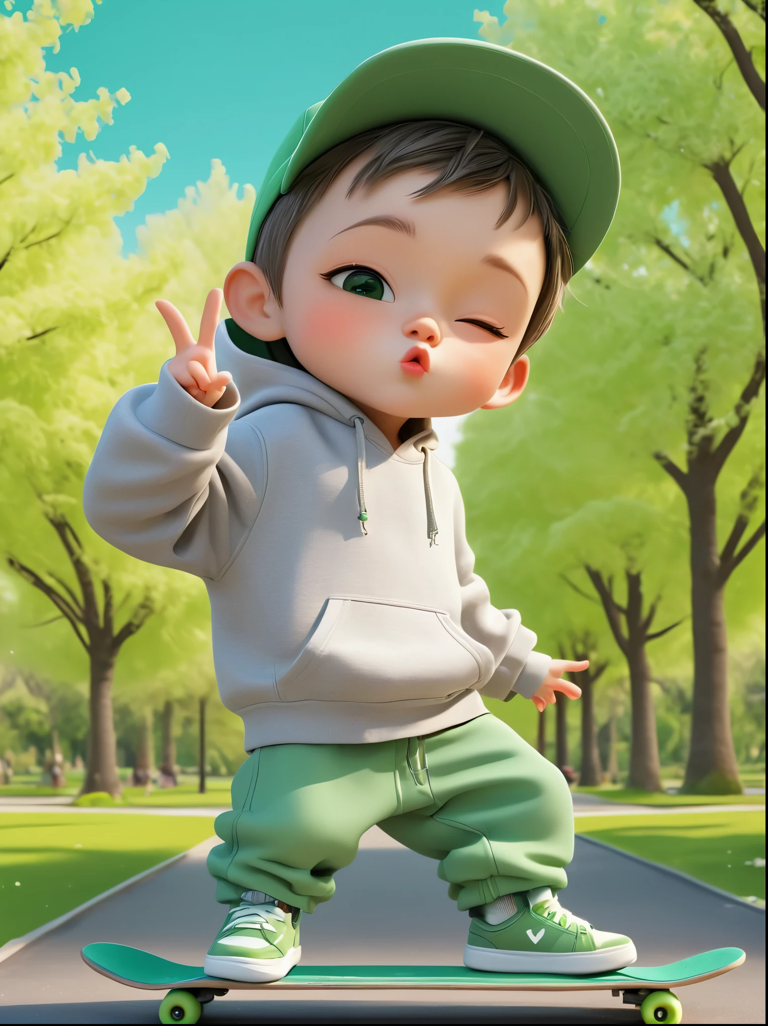 1boy, Wearing hoodieBREAK Grey pants, Green sneakers, Making a V-sign, standing on a skateboard, (Close one eye:1.3), black eyes, Cute ears, Pouting cute little mouth, Cartoon Style, full-body shot,(Park spring beautiful background:1.3),Created with C4D and Blender, Blind box toy styles, Super Detail, Anatomically correct, masterpiece, precise