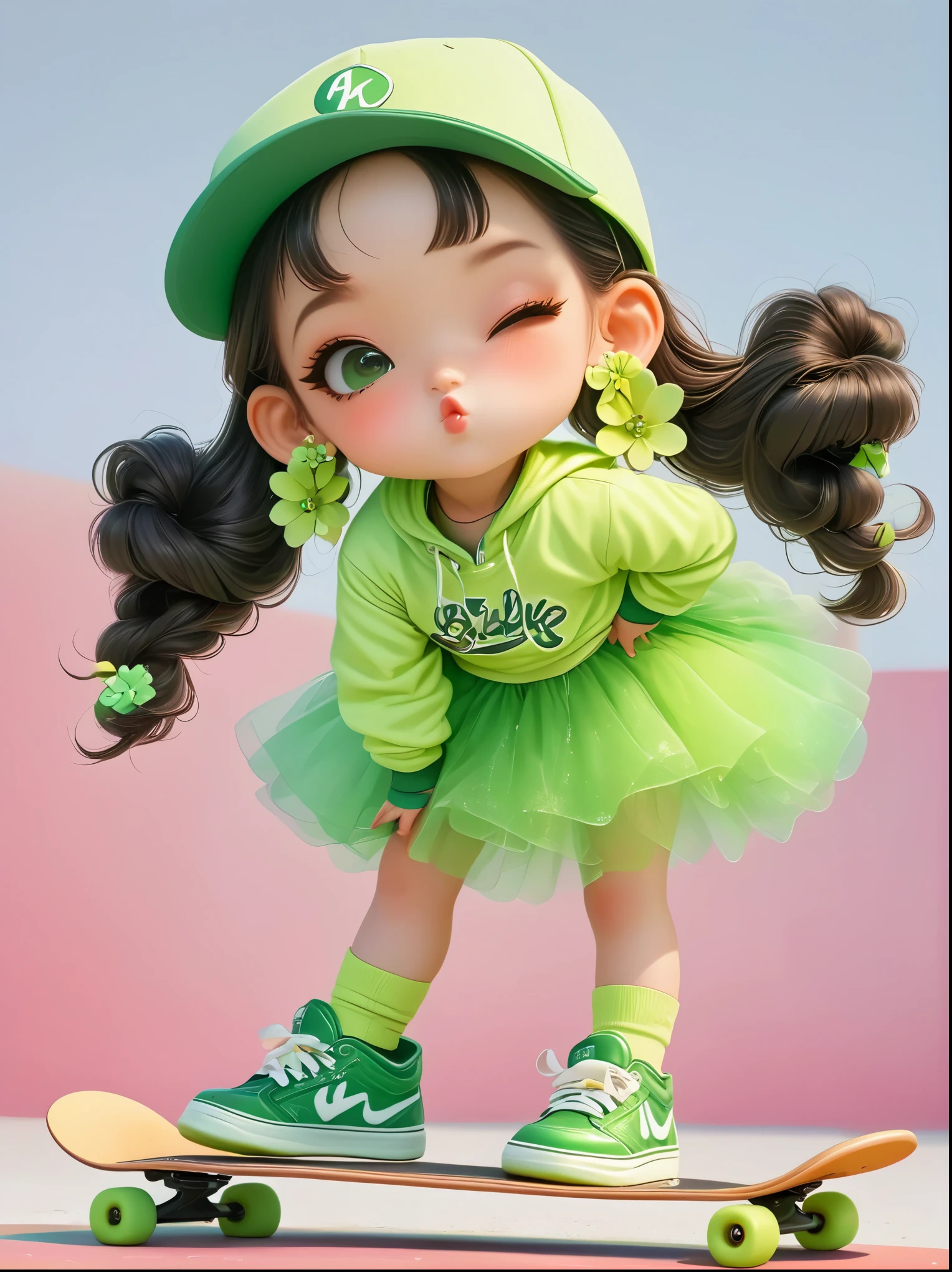 1 Girl, Wearing a bright yellow-green baseball uniform, Green Sequined Tulle Skirt, Green baseball cap, Double bun and flower earrings, Green sneakers, strike a playful pose, Standing on a skateboard, (Close one eye:1.3), Green Eyes, Cute ears, Pouting cute little mouth, faint blush, Proud, Cartoon Style, full-body shot, Created with C4D and Blender, Blind box toy styles, Super Detail, Anatomically correct, masterpiece, precise