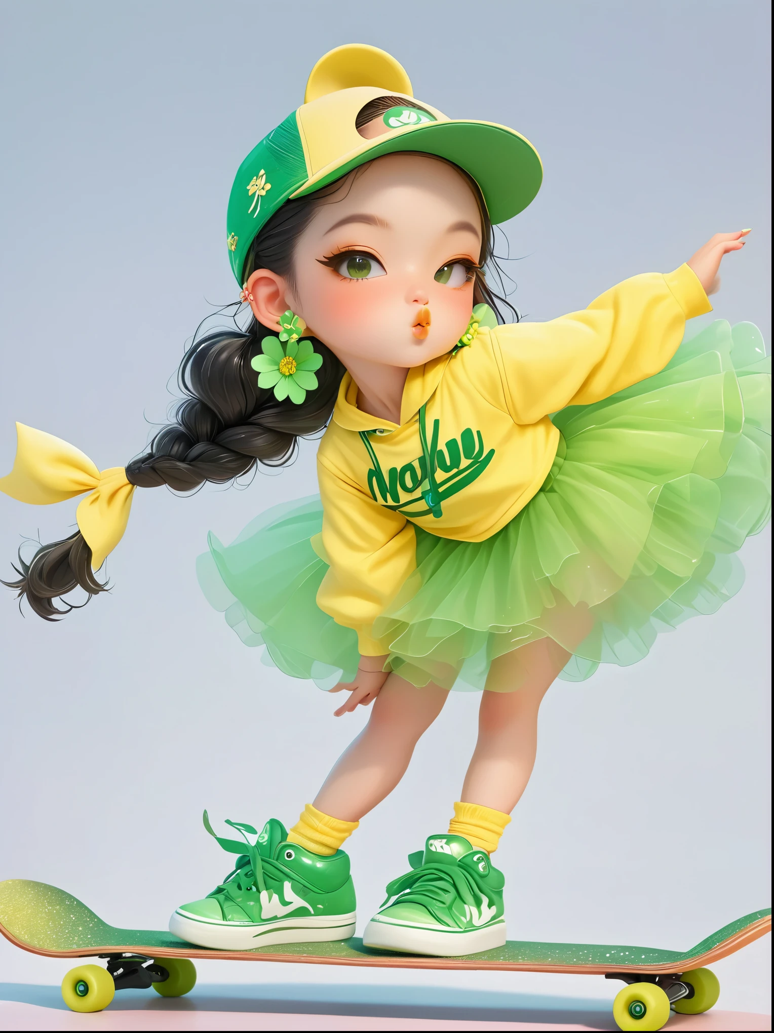 1 Girl, Wearing a bright yellow-green baseball uniform, Green Sequined Tulle Skirt, Green baseball cap, Double bun and flower earrings, Green sneakers, strike a playful pose, Standing on a skateboard, (Close one eye:1.3), Green Eyes, Cute ears, Pouting cute little mouth, faint blush, Proud, Cartoon Style, full-body shot, Created with C4D and Blender, Blind box toy styles, Super Detail, Anatomically correct, masterpiece, precise