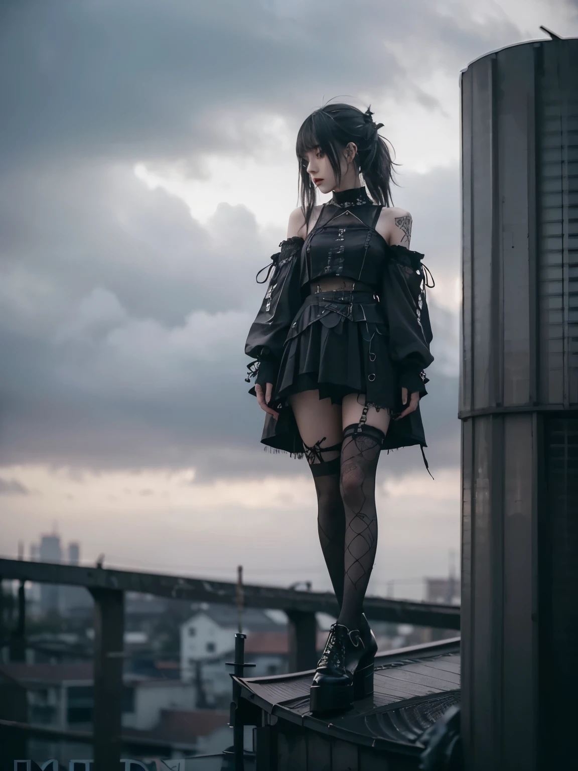 from below, minimum, harmony, tranquility, aesthetic, grey sky, cloudy sky, in Rooftop, obscure light and shadow, 1 girl, 24-years-old, slender, floating Medium Hair, bangs, (Gothic_Punk:1.2), masterpiece, best quality, RAW Photos, sigma 50mm f1.4, candytt, Detailed costume, Goth Fashion