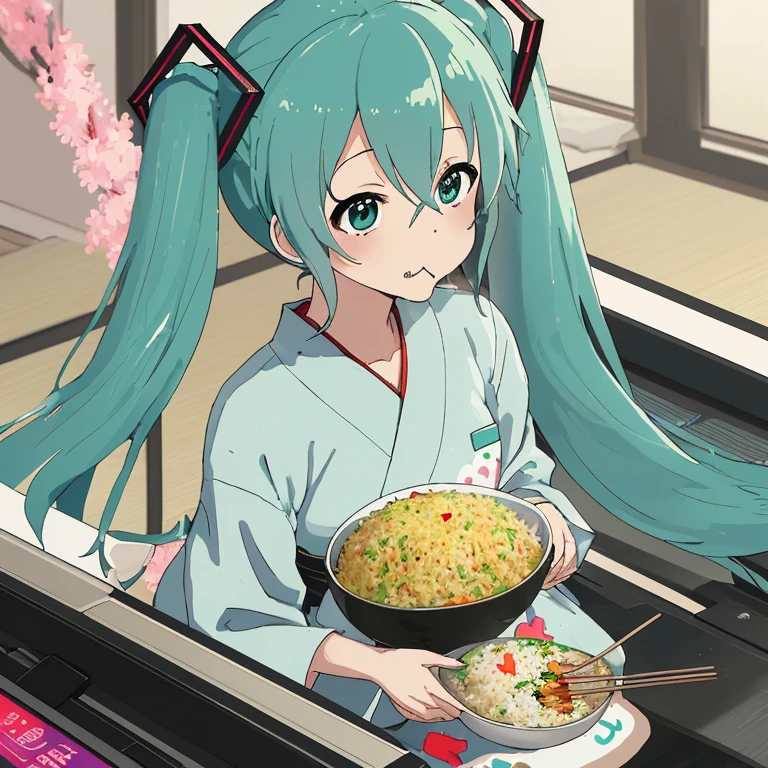 Hatsune Miku eating fried rice on a treadmill yukata