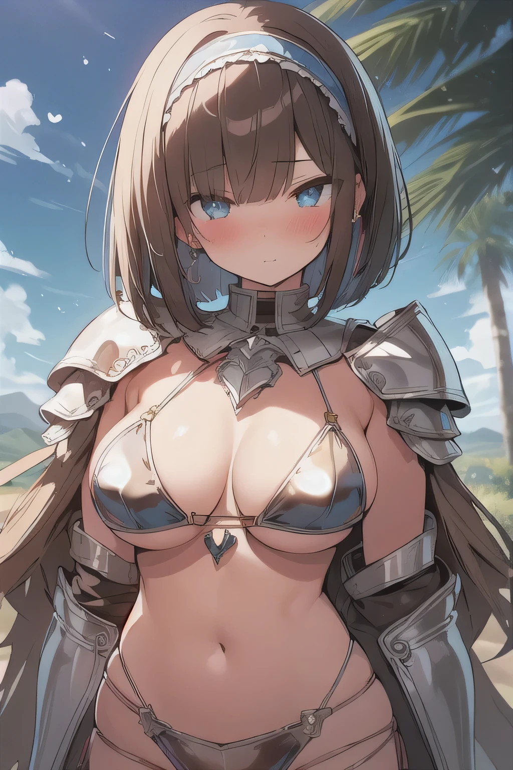 (best quality), (Super detailed), (Best Illustration), (woman), look at viewer, {(Knight armor:1.2) (show off bikini:1.3)}, (large breasts), {(detailed eyes), (heart-shaped pupils), blue eyes}, {brown hair, (sideburns), (bob cut:1.3), curly hair, hairs between eyes, colored inner hair}, blush, earring, hair band, fantasy landscape,