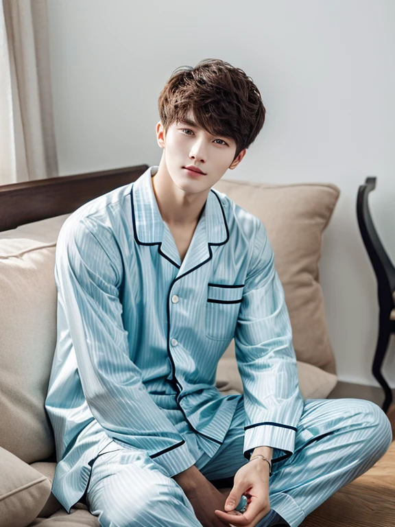 best quality，masterpiece，high resolution，HD，super clear face，sitting，a beauty，a handsome guy，wealthy couple，20 years old，dignified and elegant，High-end designer sexy pajamas，Talented，