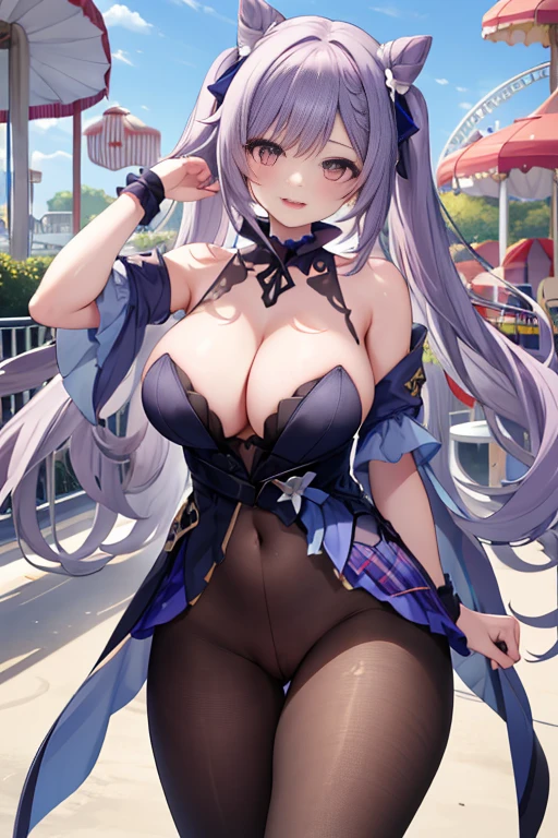 masterpiece, best quality, high resolution, 1 girl, hair, long hair, Bangs, Brown eyes, (Huge breasts、Cleavage, cleveage、Thick thighs)), Perfect body、, White shirt, Black skirt, Plaid skirt, Smile, amusement park,Exposure,No cover up, No underwear, No underwear,