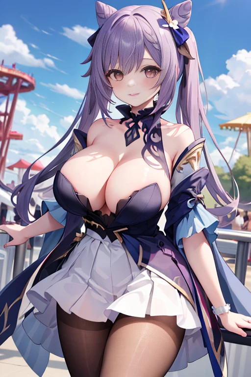 masterpiece, best quality, high resolution, 1 girl, hair, long hair, Bangs, Brown eyes, (????????????、Cleavage, cleveage、Thick thighs)), Perfect body、,  White shirt, Black skirt, Plaid skirt, Smile, amusement park，Exposure，No cover up, ????????????,  ????????????，