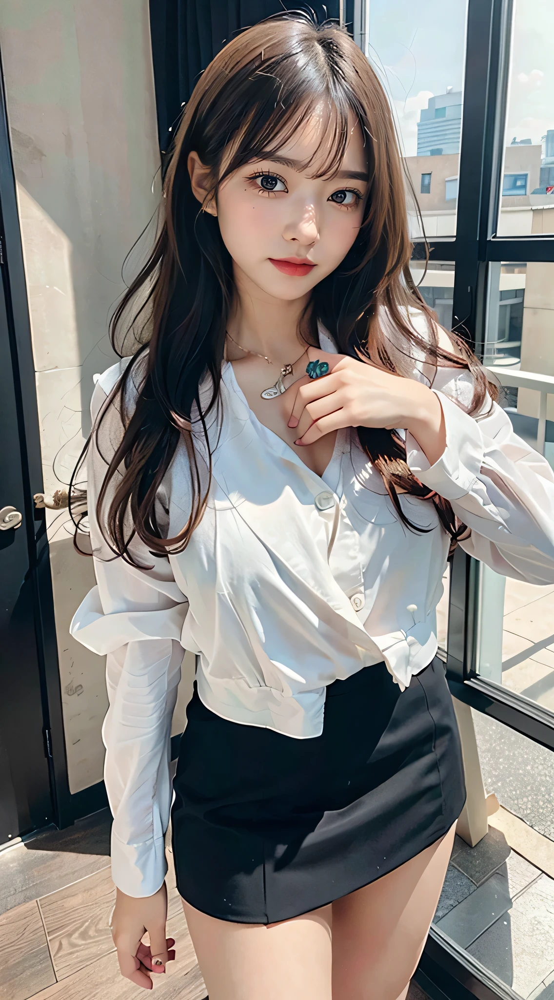 最high quality, masterpiece, 1 girl, Beautiful Face, (Photorealistic photography:1.3), Rim Light, (Skin with attention to detail:1.2), 8k UHD, Digital SLR, high quality, High resolution, 4K, 8k, Bokeh, Disorganized, The optimal ratio is four fingers to one thumb, (Genuine:1.3), Small face, pretty girl, Black Formal Blazer, Mid-breasted, Short skirt,office
