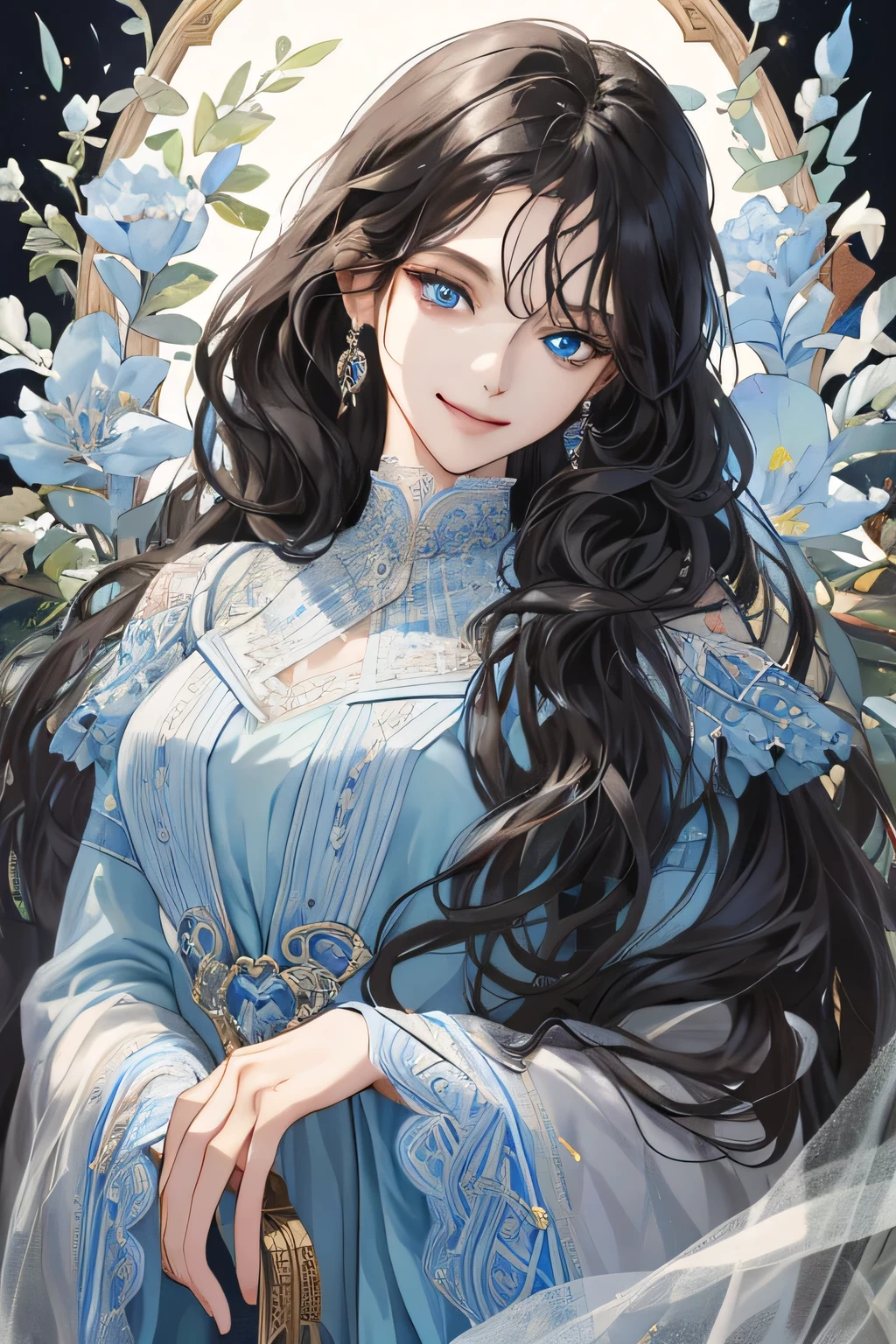 (extreamly delicate and beautiful:1.2), 8K,(masterpiece:1.0),(best_quality:1.0), 1 girl, and intricate detailing, Enlarged textures, and intricate detailing, finely eye and detailed face, and intricate detailing, shiraga, black curls long hair, (smirk mouths), Perfect eyes, Equal eyes, blue ice eyes (A famale god) with Sheath dress modern, look at camera, look 50 years old