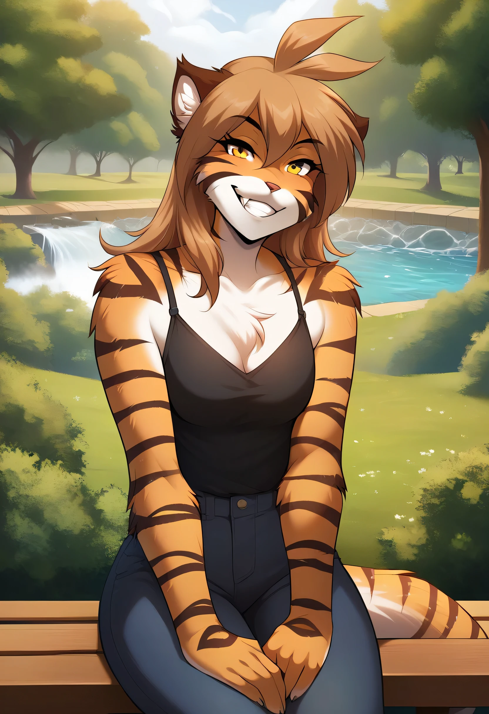 score_9, score_8_up, score_7_up, score_6_up, score_5_up, score_4_up, rating_safe, source_furry, a female anthro fluffy, 1girl, solo, female, furry, anthro, fluffy tail, medium breasts, teeth, tkflora, tiger, striped fur, yellow eyes, anthro, looking at viewer, (clothings:1.2), (in park, sitting on bench, detailed background:1.1), mature female
