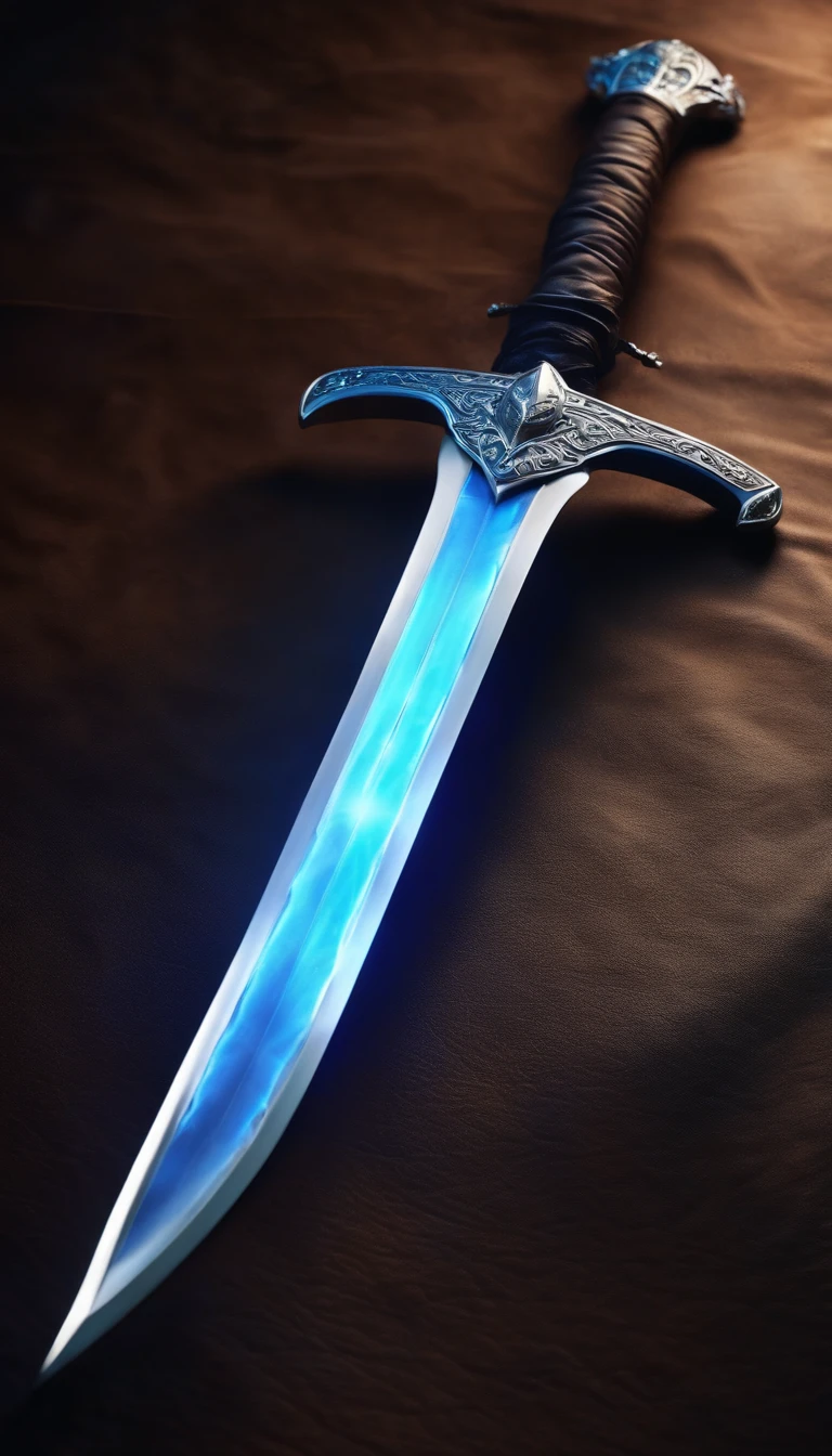 Long sword with blue electric lighting effect, shine silver sword with light, magic aura, great weapon. laydown on the leather. 