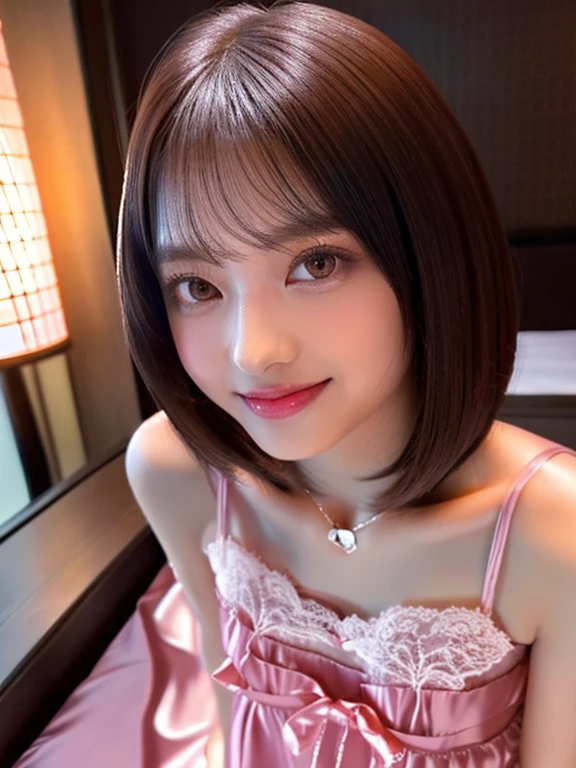 Product quality, One girl per photo, Full Body Shot, Front view, Young and pretty girl in Japan, Long Bob Hair, sitting alone on a silk bed in front of a Beautiful night view with a big smile in a room of a luxury hotel in the night, Wet body, Beautiful night view, Long satin light pink chemise with lace, Super cute face, Glossy Lips, Double eyelids on both eyes, Natural Makeup, shiny smooth light brown hair of Long Bob Hair, Asymmetrical bangs, High resolution, Attention to detail, Detailed hairstyle, Detailed face, Cinema Lighting, Octane Rendering, Ultra-realistic, Perfect limbs, Perfect Anatomy