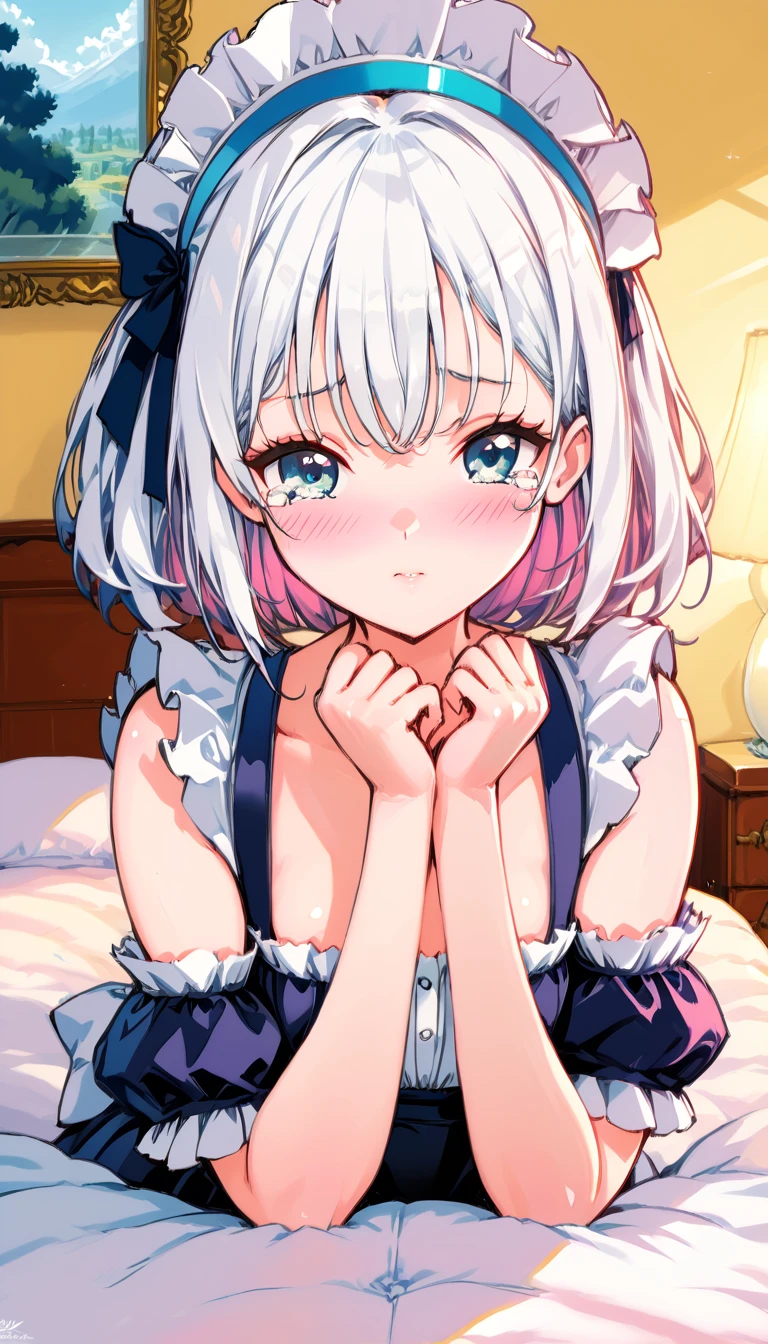 high quality, high lighting, colorful, 4K, HD, HDR, rgb, portrait, world, masterpiece, illustration, painting, anime, blue archive anime style, fcloseup, beautiful characters, perfect body, neat, beautiful, realistic, 1girl, solo, shy, shy expression, shy pose, maid outfit (anime style), short white hair, blue eyes, resigned, in bed, bedroom, shy, face, red, stockings, teenager, beautiful, posing in mattress, messy mattress, karakter Rimuru Tempes (( tensei shittara Slime Datte Ken ) )), slightly open, tears,