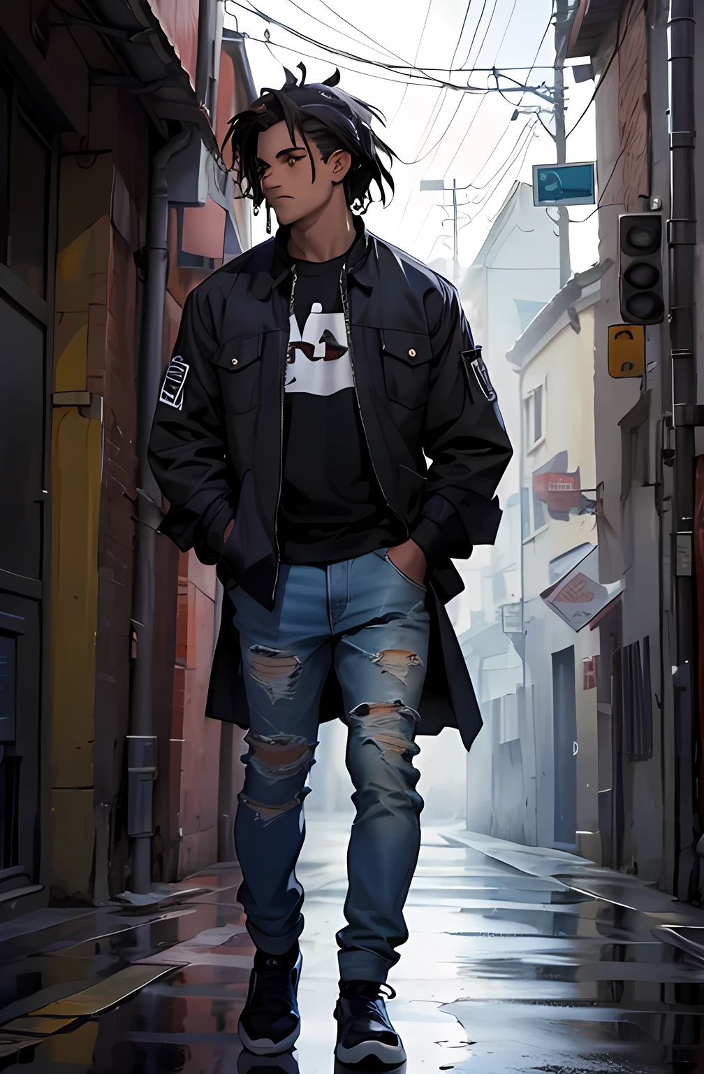 ((best quality)), ((chef-d'artwork)), Superior quality), Debout seul, peau sombre, Afro-American, dreads noires, cheveux courts, porter une veste en jean noire, ripped jeans, male