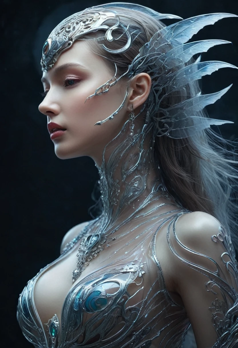 bioMechanical style Ultra detailed illustrations, Phantom Magical Creatures, (Translucent skin: 1.5), (with translucent body: 1.5) Ms. Schiff's Art, Neon, Light Particles, color, cmyk color, Backlight, Cyberpunk, close up, Mechanical, (whole body: 1.9), Dark background, View from top to bottom. blend of organic and Mechanical elements, Futurism, Cybernetic, detailed, complicated,Selective focusing, Miniature effect, Blurred background, highly detailed, Full of energy, View control,(Rich color:1.6),Crab