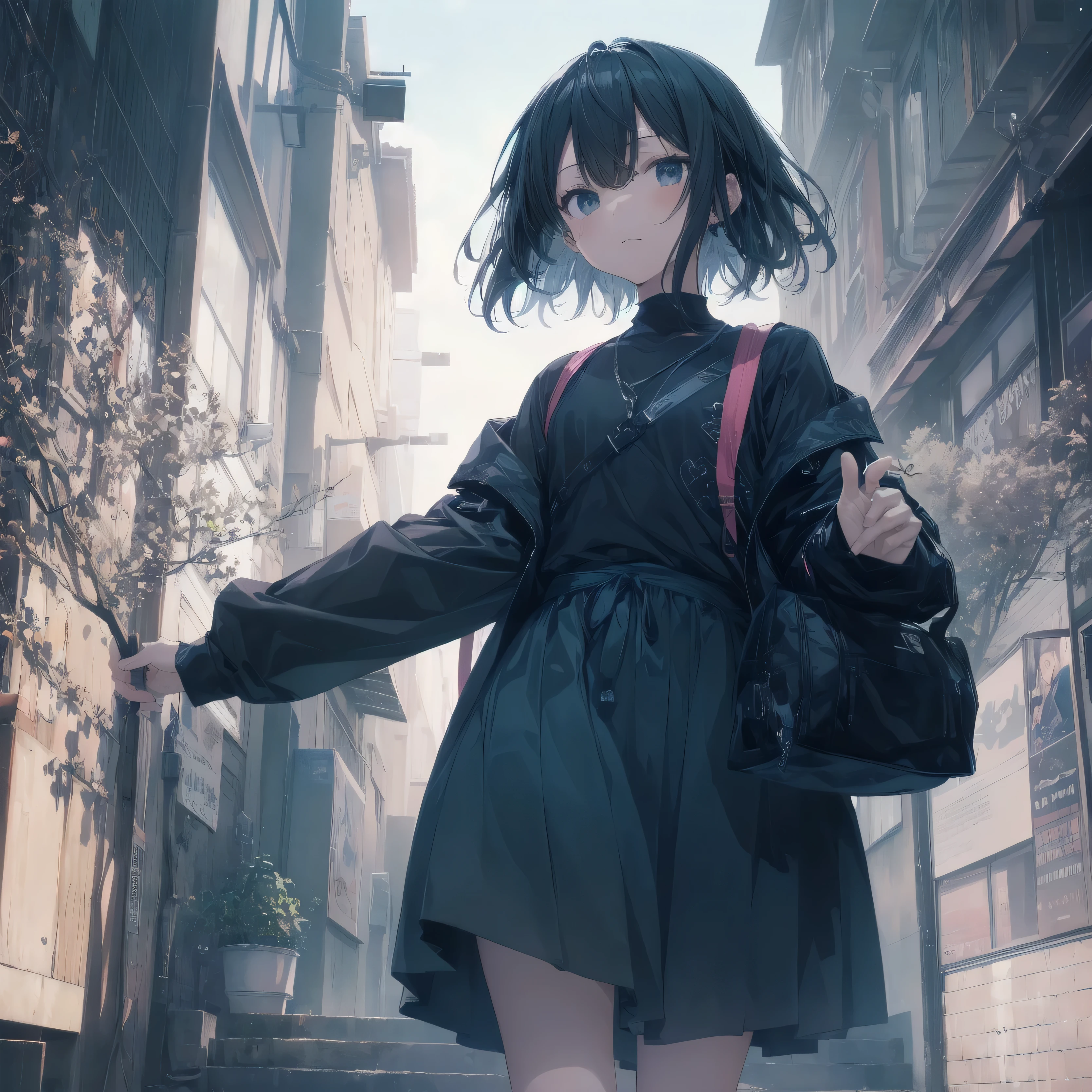 The pinnacle of divine quality, Very detailed, Anime Moe Art Style,Best Anime 8K Konachan Wallpaper,pixiv Contest Winner,Perfect Anatomy, (Please draw a girl walking sleepily to school.. ),break, One is a cool and beautiful girl, (alone,,,13 years old:1.3),, The charm of androgyny, (Center parted very short hair),Messy Hair, amount, Complete limbs, Full Finger,Flat Chest, Small Ass, between legs, Small eyes,Beautiful and exquisite black eyes,Well-proportioned iris and pupil,Disgusted Eyes, , skirt,School zone. break,High resolution,Very detailed肌, Professional AI Best Lighting, 8K Illustration,