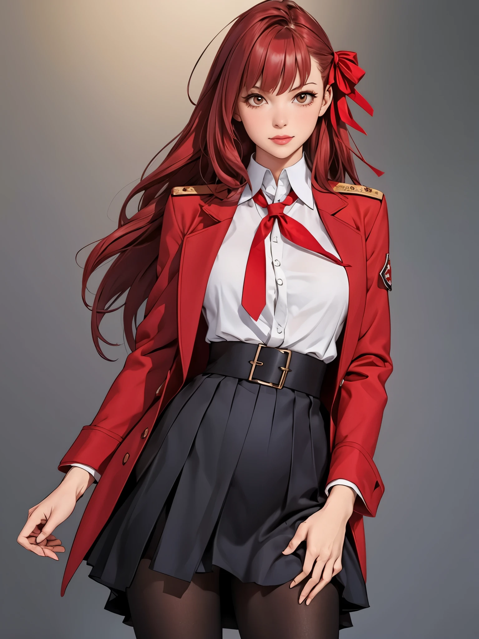 perfect eyes:1.2, detailed eyes:1.4, realistic:1.4, black pantyhose:1.2, very long hair, bb \(fate\), fringe, red ribbon, black necktie, griffin & kryuger military uniform, military uniform, necktie, red jacket, uniform, red hair, red eyes:1.2, black skirt, pleated skirt, bow, long sleeves, serious, cowboy shot, 1girl, solo, (masterpiece:1.6, best quality),