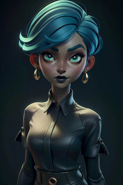 Personagem. De corpo inteiro, rosto estilo 3D,  meiga e delicada, com cabelos longos coloridos,chocolate,Short blue hair,black t-shirt,green eyes,Round metal earrings,Silent colors,Black lipstick