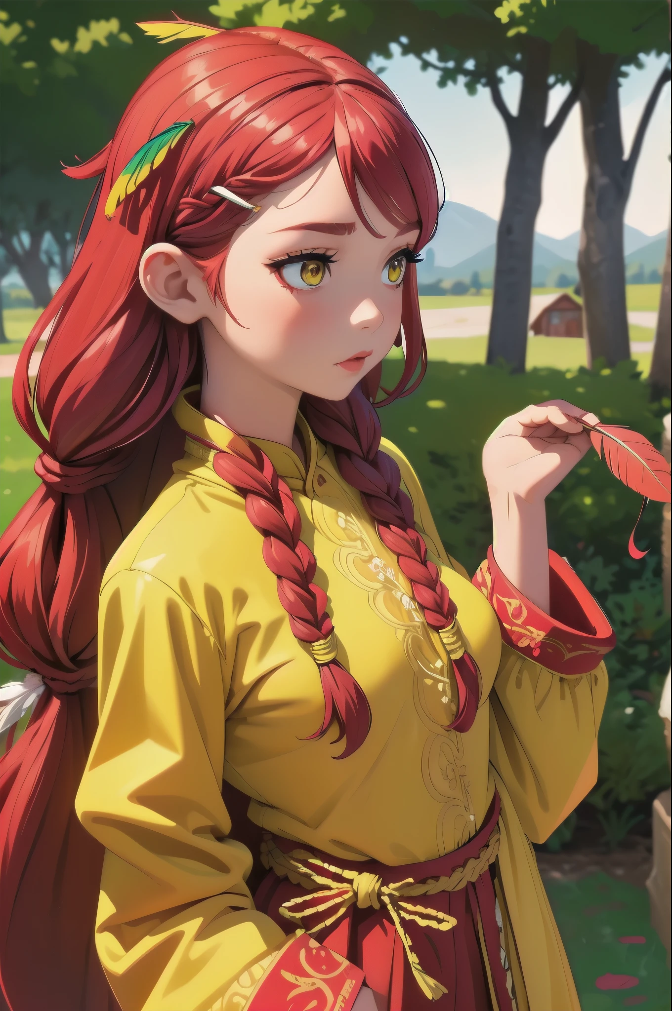 (masterpiece, best quality), 1girl, Crimson Boho Braid with Feather Hair Clip, Size DD breasts, yellow eyes