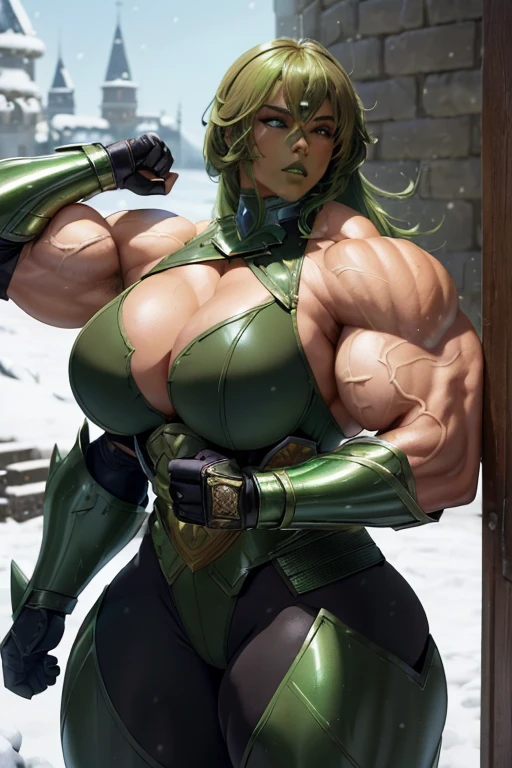 ((((Massive beautiful, buff, light brown skinned muscular paladin woman with green hair, black lipstick, ginormous bulky muscles and wearing full gleaming green paladin armored suit with tight pants)))), (close view), vascular, massive muscle, massive biceps, hyper muscle shoulders, hyper muscle triceps, (green long hair), orange eyes, (knight boots), metal armor, armored breastplate, gauntlets, closed smirk, (in a castle in heaven), snowfall, Vascular arms, hyper muscles arms, hyper muscle legs, massive buff arms.