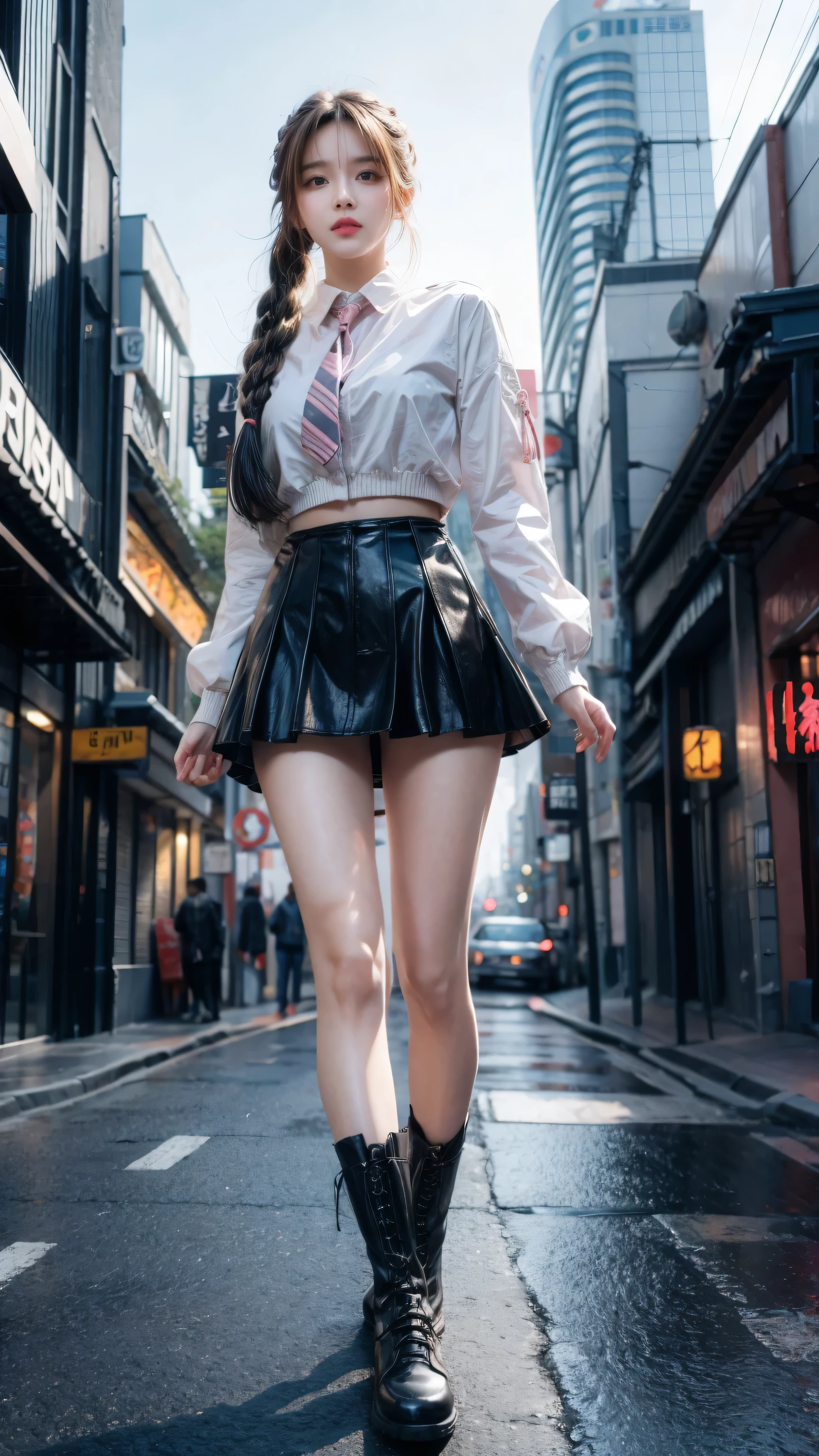 ((masterpiece)), ((best quality)), (ultra-detailed), ((kawaii)), cute, (lovely), ((sexy)), (ero), ((extremely detailed)), 4K, (8K), best quality, (beautiful), anime style, walking, full body focus, city, town, night, a cute girl, 1girl, solo, suit, beautiful light brown hair, beautiful purple eyes, ((beautiful eyes)), white-skinned, ponytail, transparent hair, translucent hair, large breast, glasses, necktie, tie, earrings, necklace, light smile, neon light, wind effect, rainy, rain, reflection effect