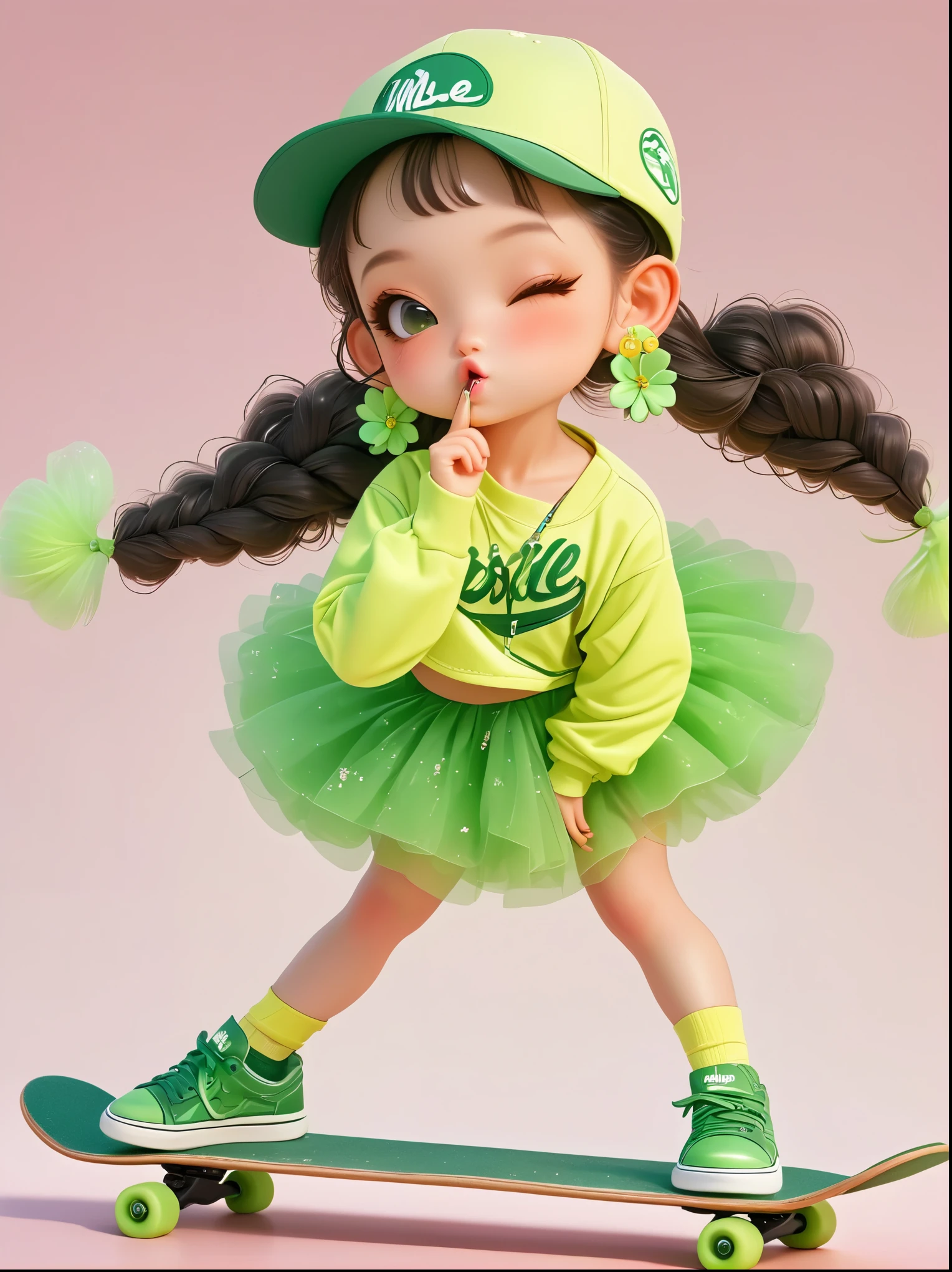 1 Girl, Wearing a bright yellow-green baseball uniform, Green Sequined Tulle Skirt, Green baseball cap, Double bun and flower earrings, Green sneakers, strike a playful pose, Standing on a skateboard, (Close one eye:1.3), Green Eyes, Cute ears, Pouting cute little mouth, faint blush, Proud, Cartoon Style, full-body shot, Plain white background, Created with C4D and Blender, Blind box toy styles, Super Detail, Anatomically correct, masterpiece, precise