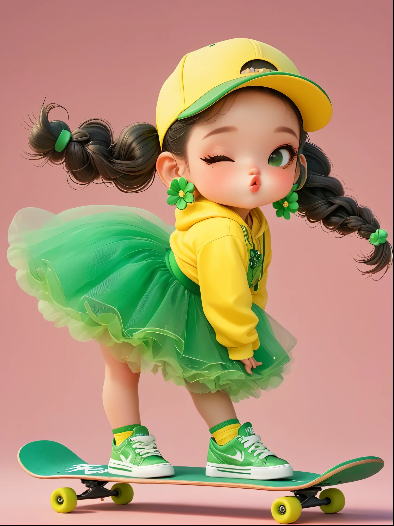 1 Girl, Wearing a bright yellow-green baseball uniform, Green Sequined Tulle Skirt, Green baseball cap, Double bun and flower earrings, Green sneakers, strike a playful pose, Standing on a skateboard, (Close one eye:1.3), Green Eyes, Cute ears, Pouting cute little mouth, faint blush, Proud, Cartoon Style, full-body shot, Plain white background, Created with C4D and Blender, Blind box toy styles, Super Detail, Anatomically correct, masterpiece, precise