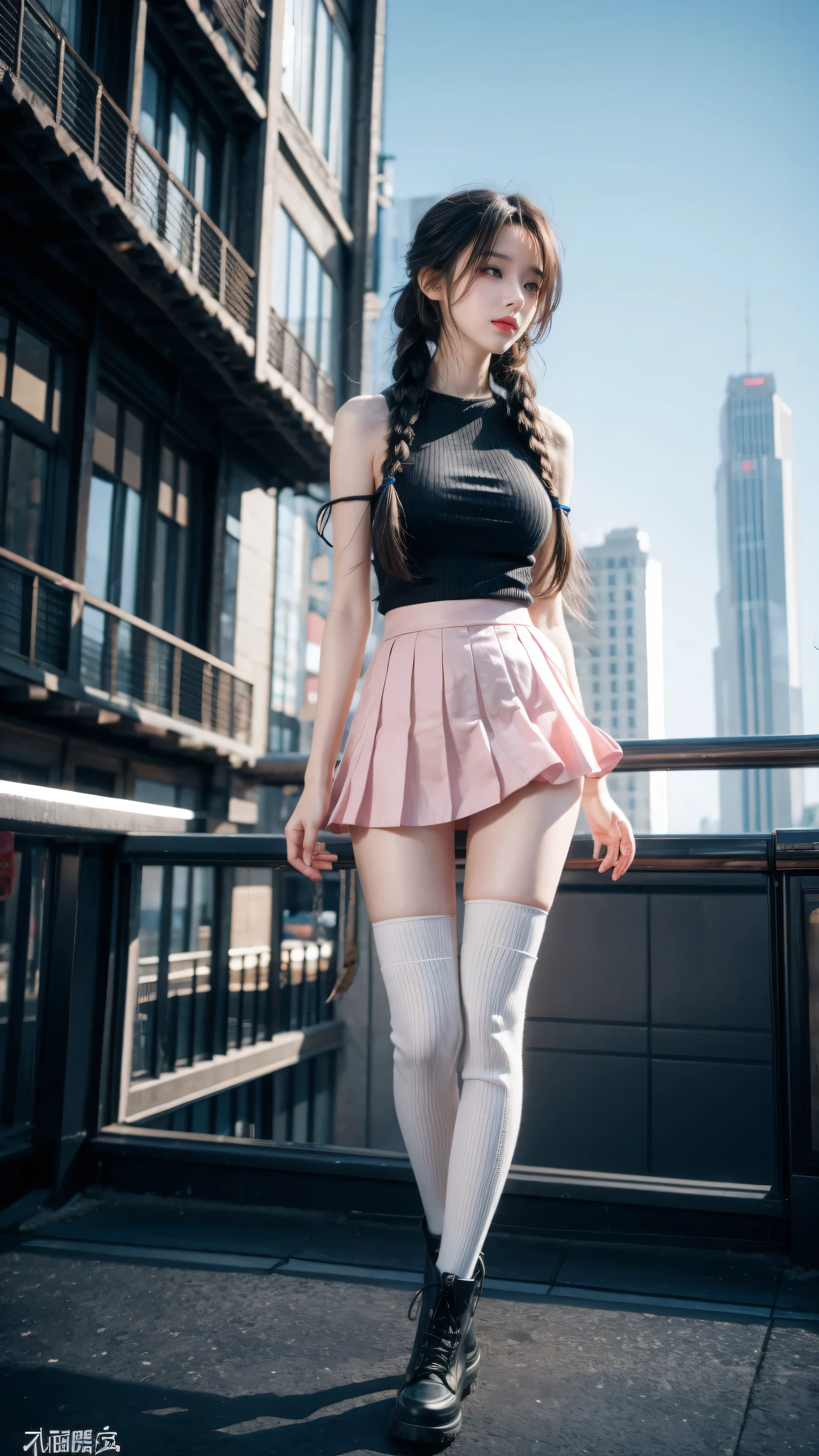 high resolution, best quality, masterpiece, very high image quality, Super detailed, Surrealism, 3D, Japanese cartoons, illustration, fantasy, Hard Rock Girl, Very pretty and cute, Pink wavy hair, Side braids, mini skirt, Knee socks, Engineering boots, Background cyberpunk city galaxy