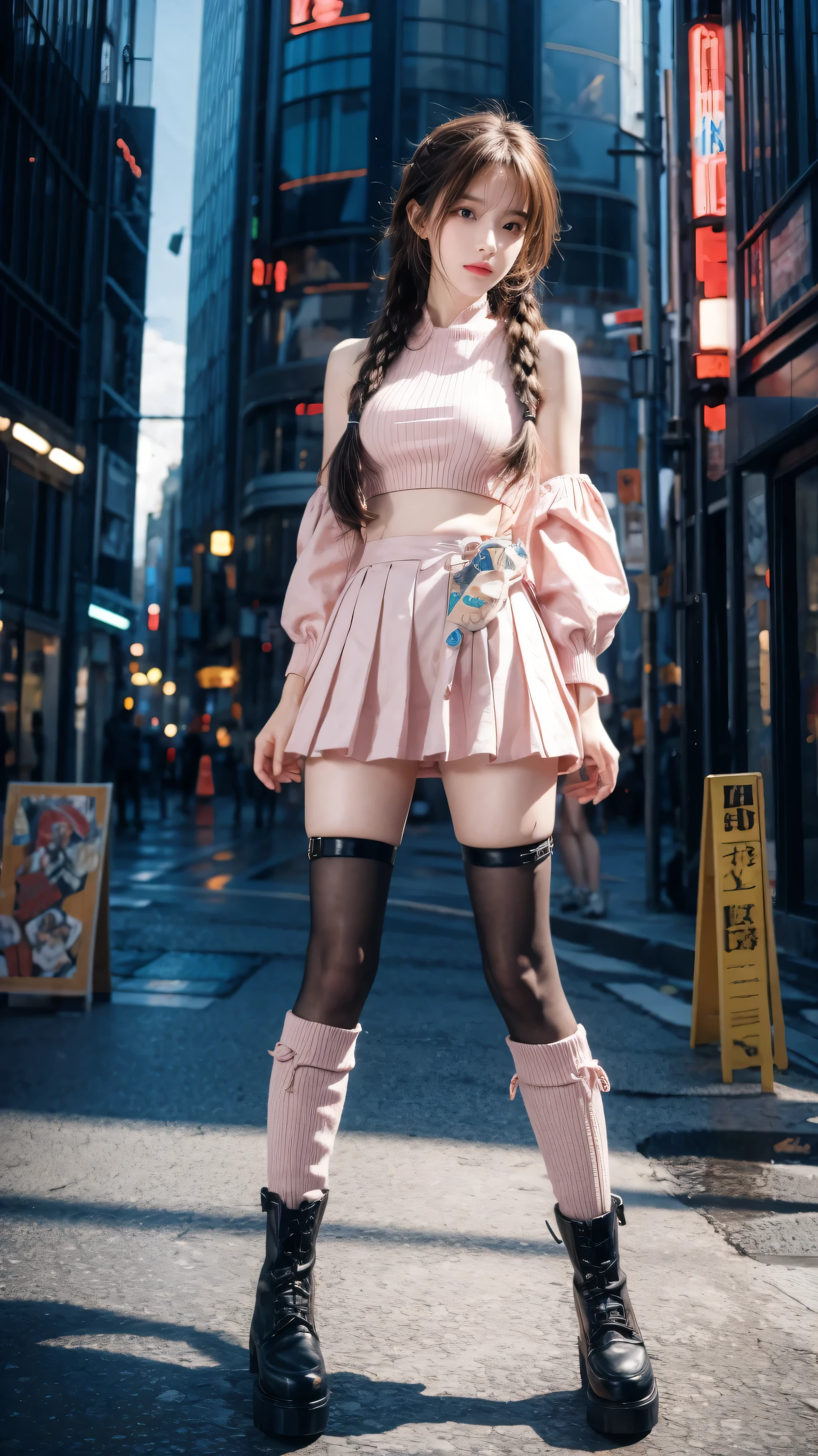 high resolution, best quality, masterpiece, very high image quality, Super detailed, Surrealism, 3D, Japanese cartoons, illustration, fantasy, Hard Rock Girl, Very pretty and cute, Pink wavy hair, Side braids, mini skirt, Knee socks, Engineering boots, Background cyberpunk city galaxy  