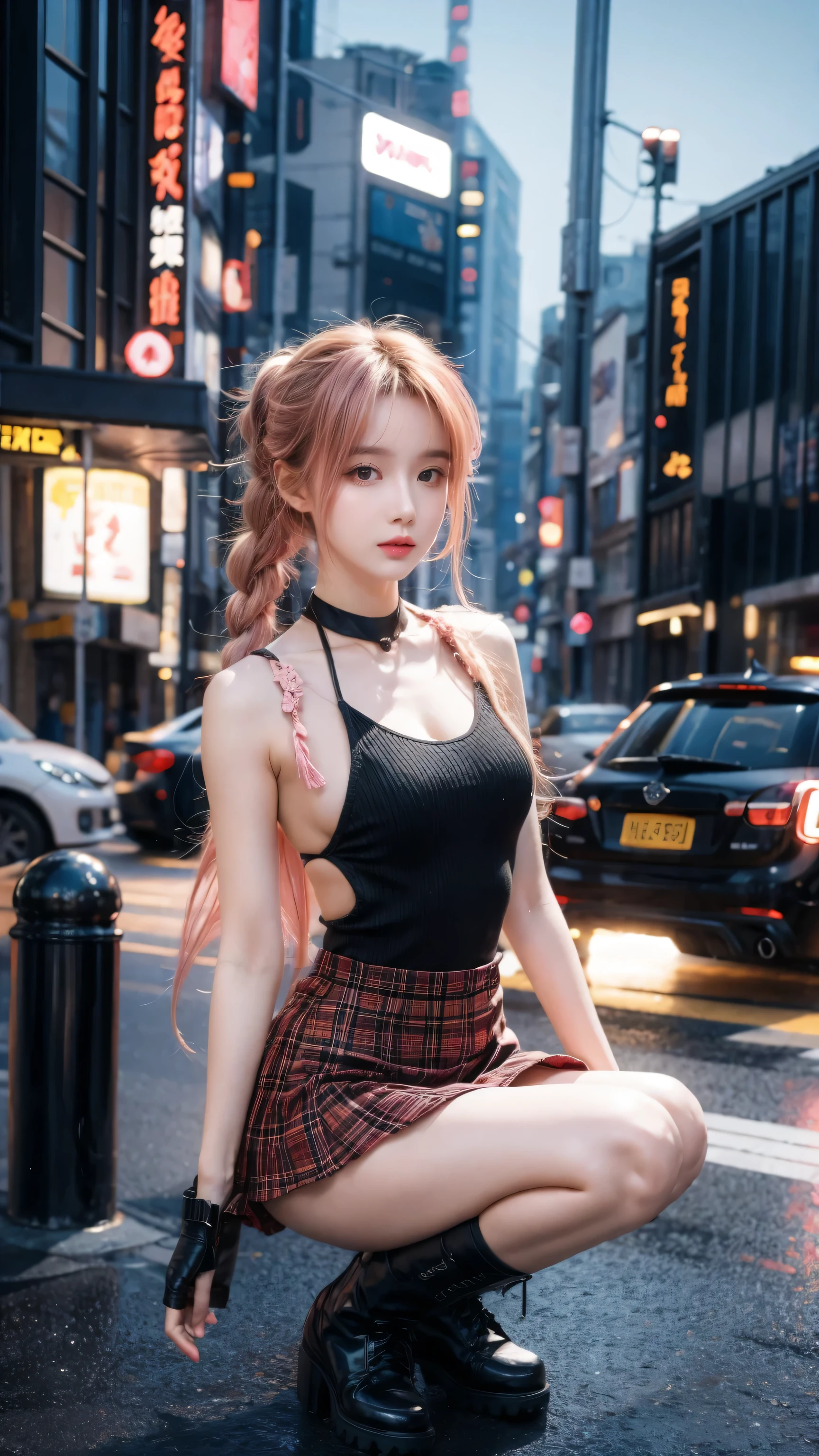 high resolution, best quality, masterpiece, very high image quality, Super detailed, Surrealism, 3D, Japanese cartoons, illustration, fantasy, Hard Rock Girl, Very pretty and cute, Pink wavy hair, Side braids, mini skirt, Knee socks, Engineering boots, Background cyberpunk city galaxy