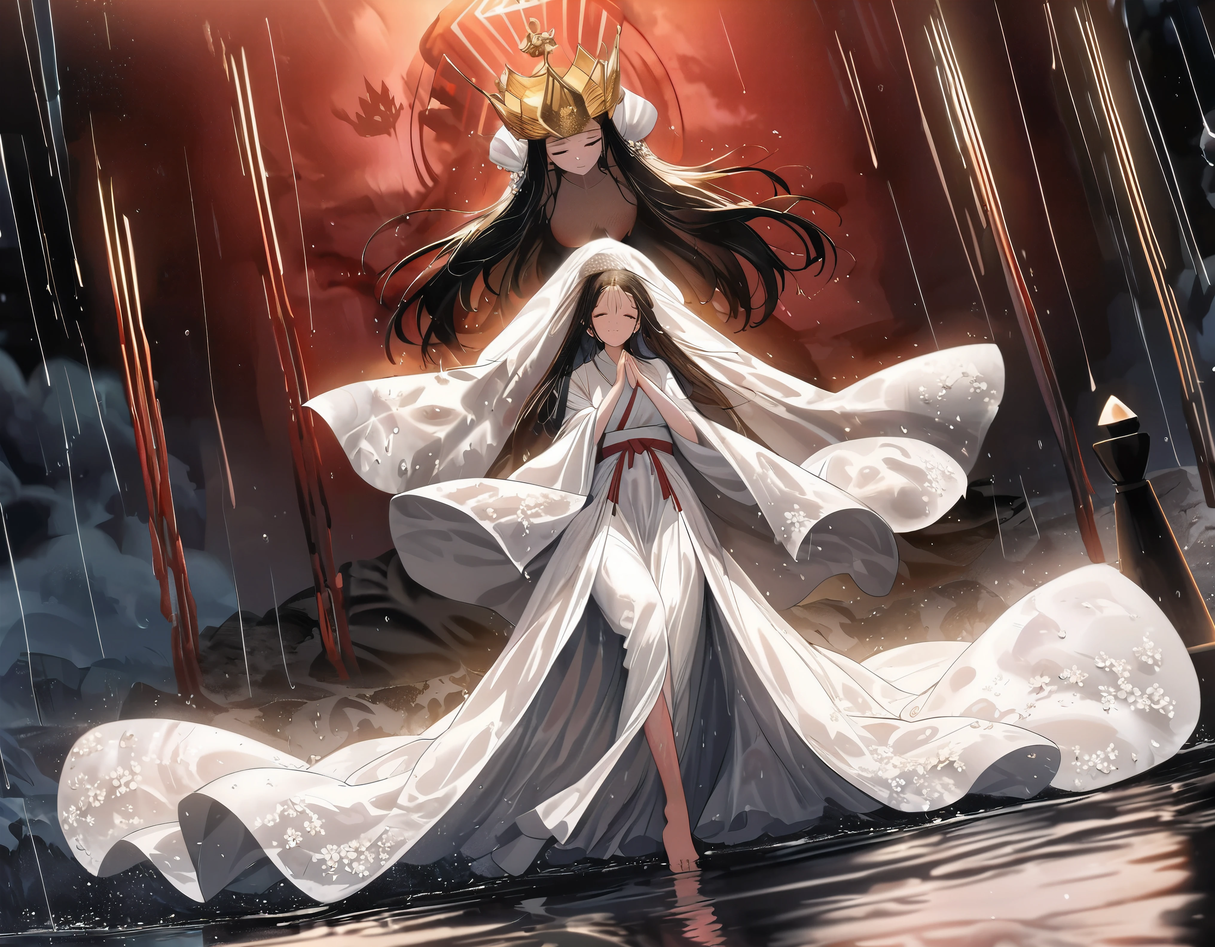 anime, a woman in a white dress with a crown standing in the rain, flowing white robes, flowing hair and long robes, queen and ruler of the universe, anime goddess, anime fantasy illustration, beautiful fantasy anime, a beautiful fantasy empress, anime fantasy artwork, by Yang J, anime wallaper, anime epic artwork, ((a beautiful fantasy empress)), beautiful anime artwork