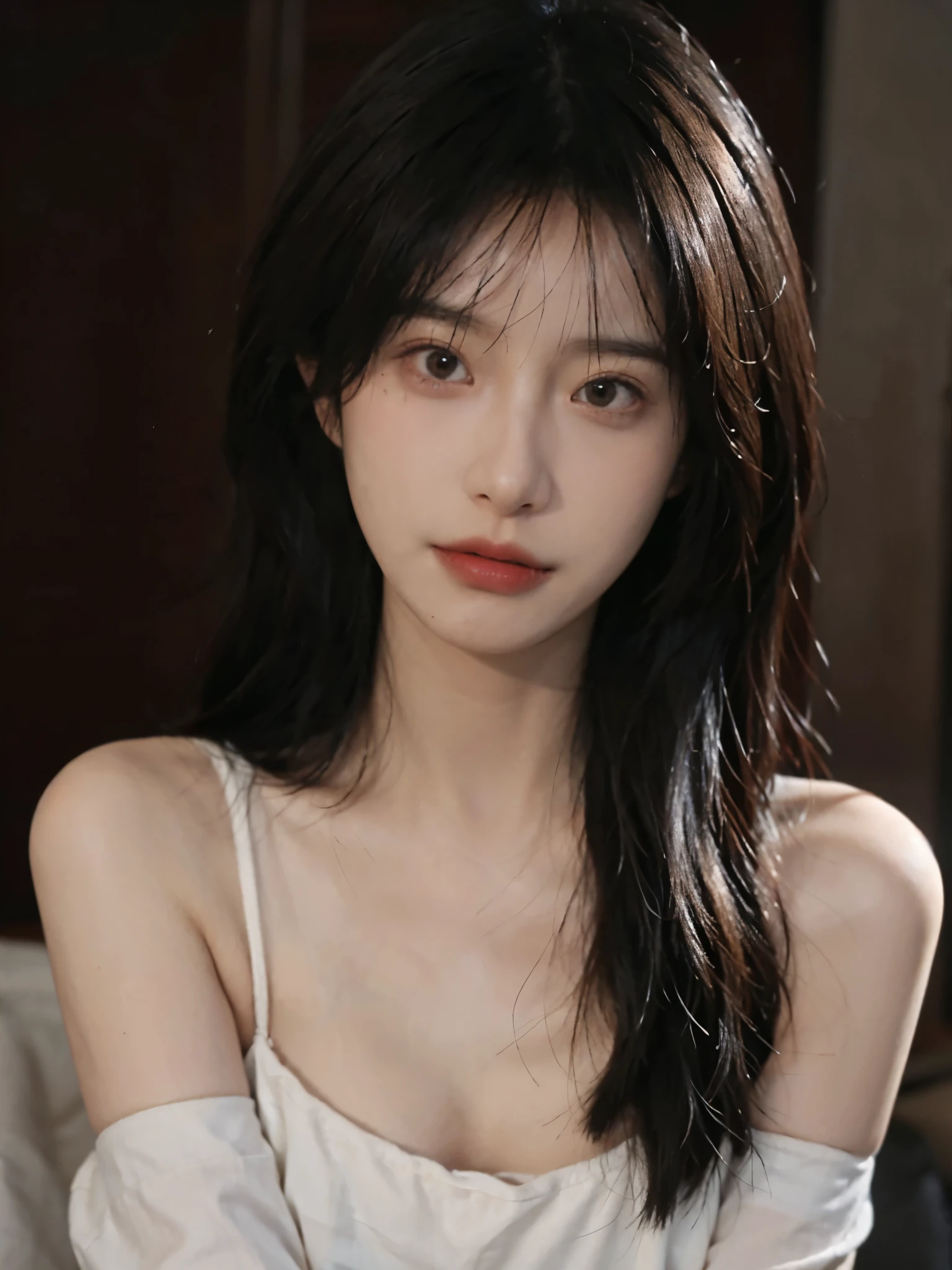 Film portrait photography, 1 girl,  shoulders,lipstick，（flat ：1.4）， Shoulder length wavy hair, wear glasses，serene, calm, (Realistic and detailed eyes, natural skin texture, Realistic facial details), Soft dramatic lighting, depth of field, Bokeh, Vibrant details, detailed meticulous, hyper-realistic, 35mm film, hazy, ,