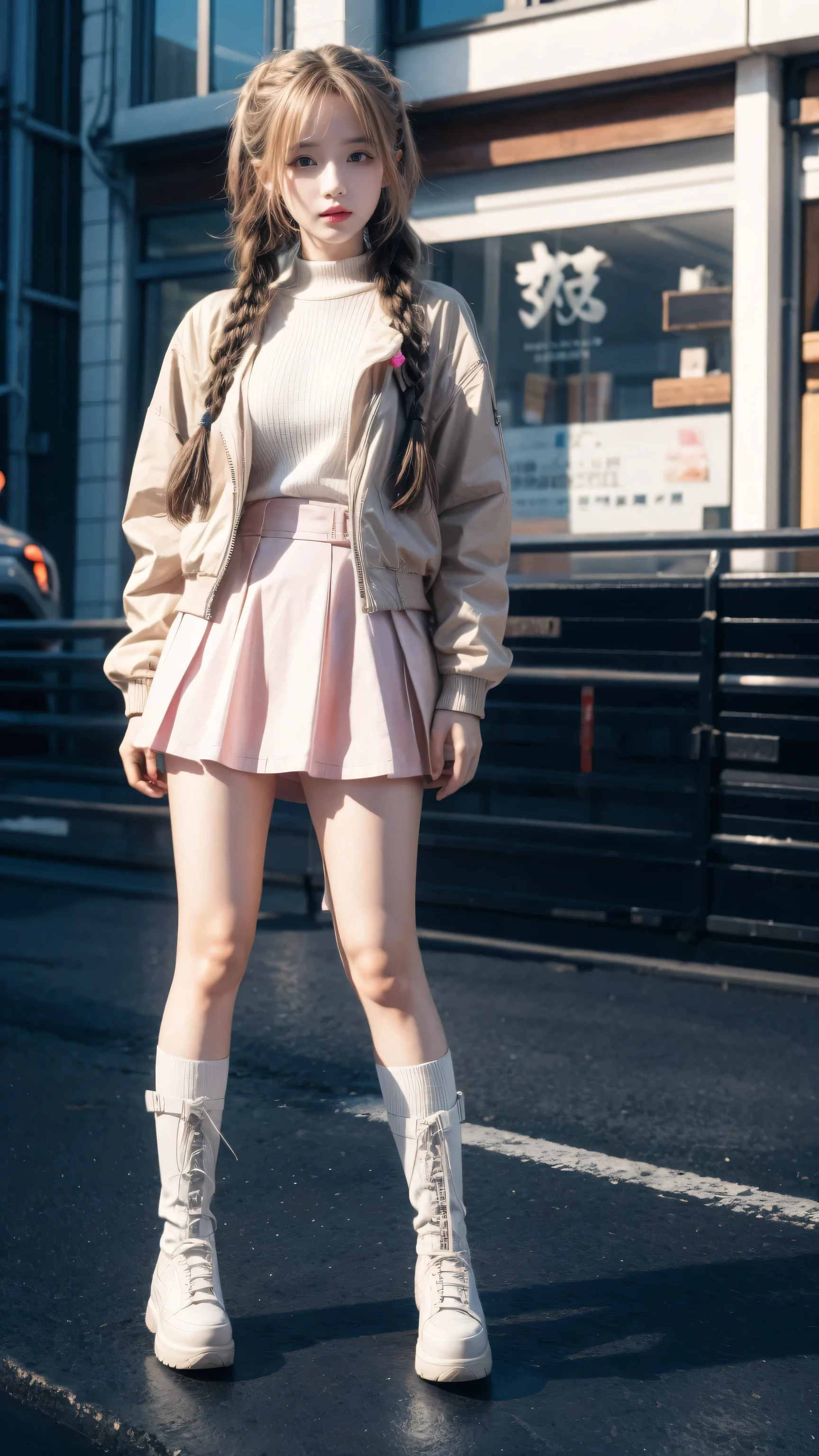 high resolution, best quality, masterpiece, very high image quality, Super detailed, Surrealism, 3D, Japanese cartoons, illustration, fantasy, Hard Rock Girl, Very pretty and cute, Pink wavy hair, Side braids, mini skirt, Knee socks, Engineering boots, Background cyberpunk city galaxy