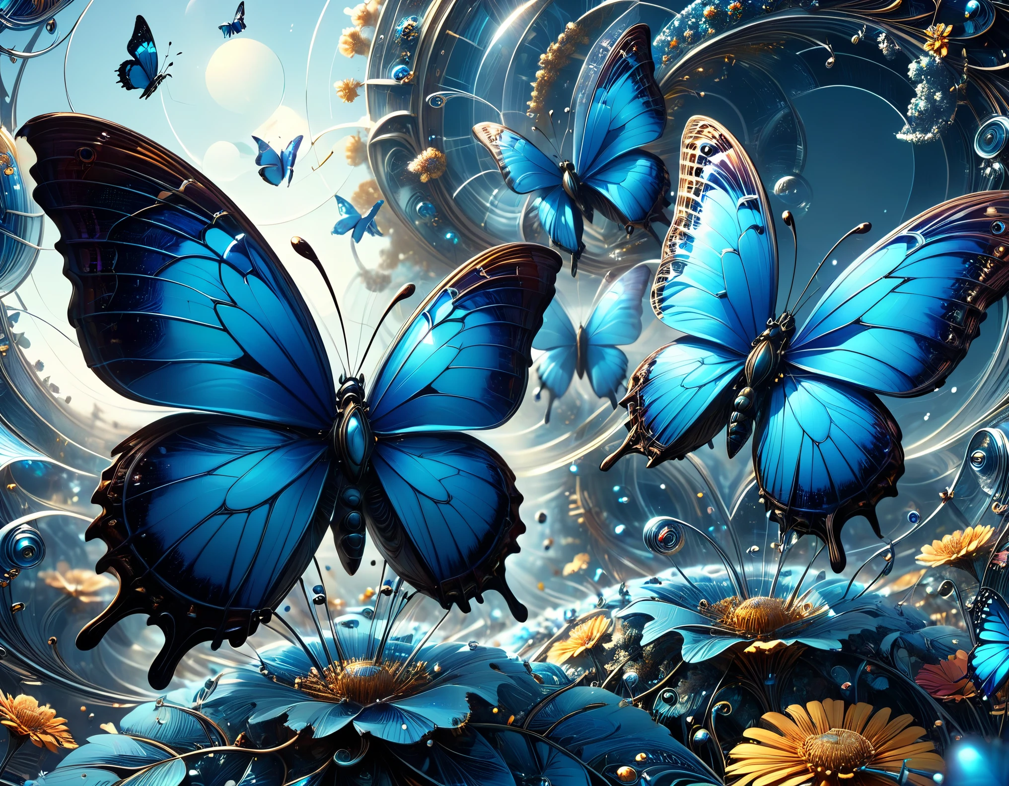 Hyperrealistic octane rendering by Philippe Vignal captures glass blue butterflies and convex objects intermingling among fractal planes with multi-colored spirals and metal reflectors, radiating subtle colored light in Miki Asai-inspired macro optics style, outer space with a super highway theme, vanishing point, high-speed feel, trending on ArtStation, ultra HD, vivid colors, digital render, digital painting, influences of Beeple, High Resolution, High Quality, Masterpiece