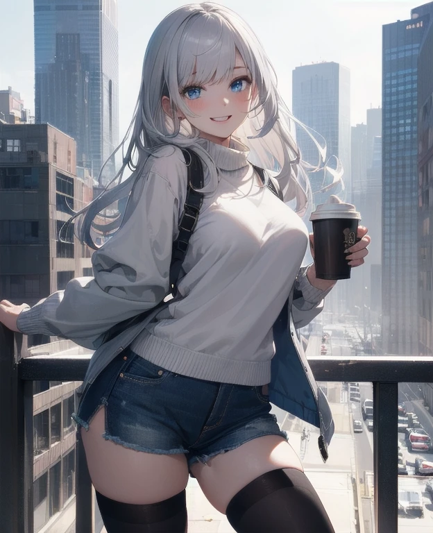 (Masterpiece, Best quality, ultra high resolution), 1 girl, Silver hair, Pale skin, Beautiful detailed face, Detailed eyes, posing on a, On a white background, Dynamic lighting, dynamic shadowing, looking at viewer, White stone punk fashion,(Posing for a photo),((White clothes)), (((black thigh highs))), jean shorts, skirt, white sweater, ((Blue eyes)), happy, smiling, black straps, black strap design, ((Long white hair)), energetic, cheerful, cityscape background, holding coffee