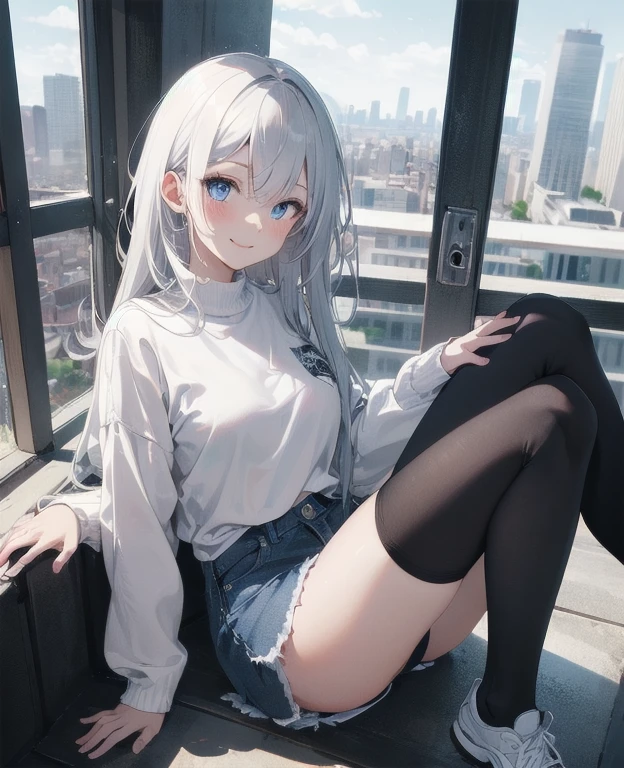 (Masterpiece, Best quality, ultra high resolution), 1 girl, Silver hair, Pale skin, Beautiful detailed face, Detailed eyes, posing on a, On a white background, Dynamic lighting, dynamic shadowing, looking at viewer, White stone punk fashion,(Posing for a photo),((White clothes)), (((black thigh highs))), jean shorts, skirt, white sweater, ((Blue eyes)), happy, smiling, black straps, black strap design, ((Long white hair)), energetic, cheerful, cityscape background, holding coffee