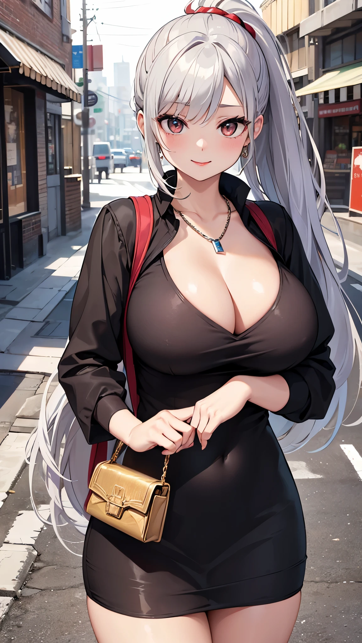 Urban beautiful girl college , masterpiece, light makeup, Red lips, Silver Hair, Disheveled long hair, Street background, beautiful, elegant. Extremely fine detail, Master Works, Authentic texture, Realism in film lighting, Perfect job, 16k, High resolution, exquisite features,black eye、Japanese Idols、beautiful顔、Cute Smile、Brown Hair、beautiful hair、ponytail、glamorous、 ((Big Breasts、Dress code that emphasizes cleavage))、Shiny skin、A tight-fitting dress、Bright big eyes, Smooth skin, Earrings, necklace, tattoo