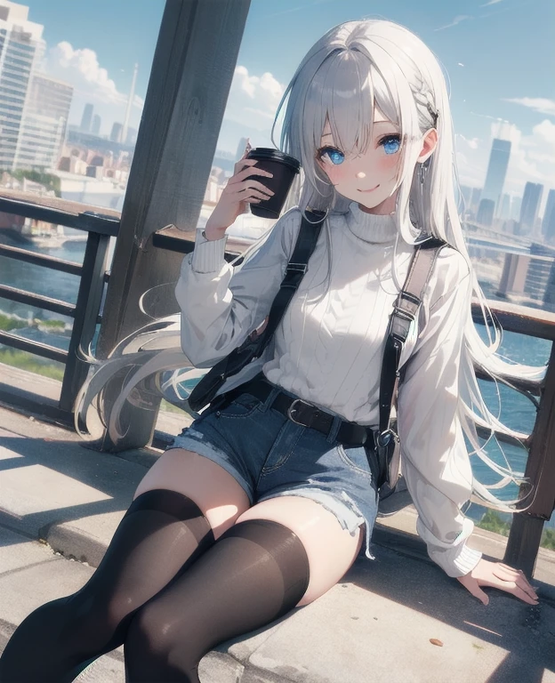 (Masterpiece, Best quality, ultra high resolution), 1 girl, Silver hair, Pale skin, Beautiful detailed face, Detailed eyes, posing on a, On a white background, Dynamic lighting, dynamic shadowing, looking at viewer, White stone punk fashion,(Posing for a photo),((White clothes)), (((black thigh highs))), jean shorts, skirt, white sweater, ((Blue eyes)), happy, smiling, black straps, black strap design, ((Long white hair)), energetic, cheerful, cityscape background, holding coffee