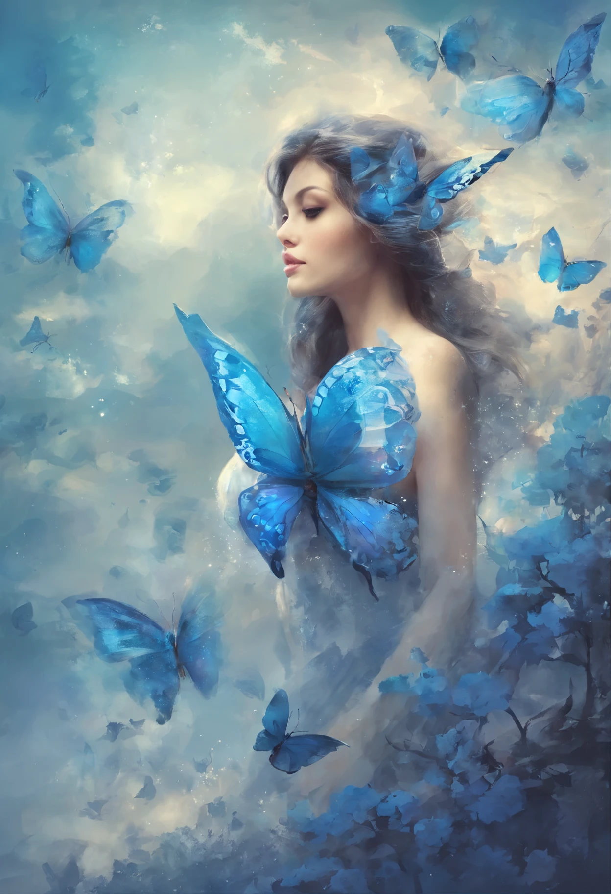 I dreamed of a blue butterfly flying, but the truth may be that it is a human dream that the blue butterfly sees, fantastic, mysterious, and incredibly beautiful, best quality, 16k, high resolution, ultra-detailed, extremely detailed, top quality, realistic,