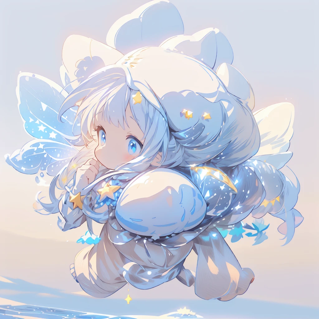 1girl,Ultra-fine、Super beautiful、masterpiece、highest quality、Masterpiece、Official Art、16k、(((Ride a star-shaped flying vehicle　Star Fairy)))、Milky white and blue gradient long hair,purifierai,kawaii tech,