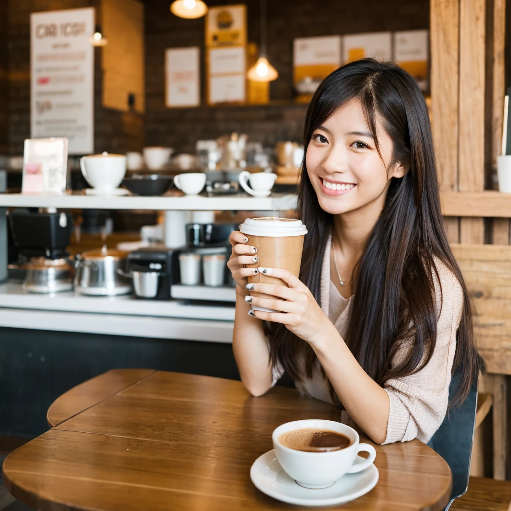 young Asian woman sitting in a coffee shop and enjoy her coffee.