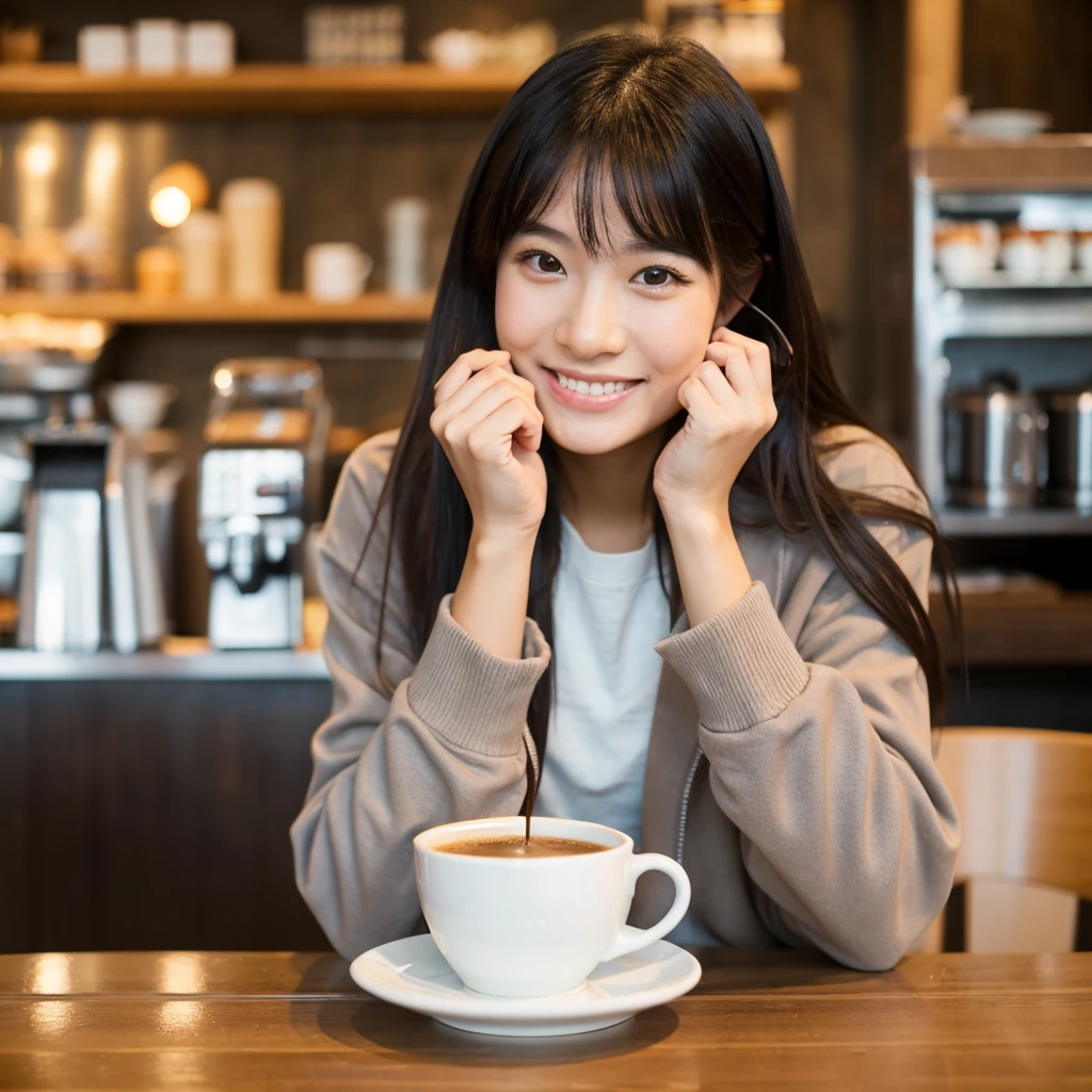 young Asian woman sitting in a coffee shop and enjoy her coffee.