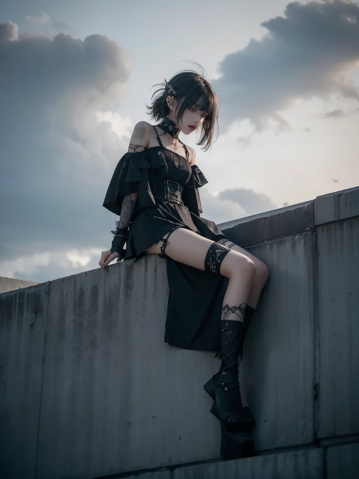 from below, minimum, harmony, tranquility, aesthetic, grey sky, cloudy sky, in Rooftop, obscure light and shadow, 1 girl, 24-years-old, slender, floating Medium Hair, bangs, (Gothic_Punk:1.2), masterpiece, best quality, RAW Photos, sigma 50mm f1.4, candytt, Detailed costume, 