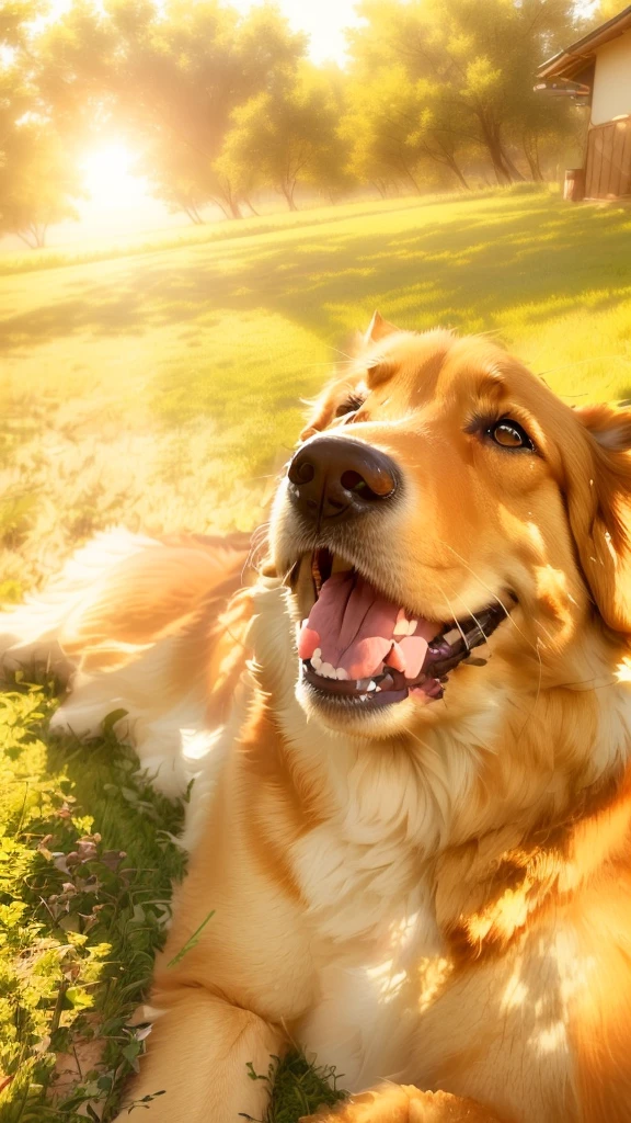 There is a dog lying in the grass, Happy dog, Mouth open and happy, smile happily at the camera, warm and gentle smile, winking at the camera, リラックスしてSmiling at the cameraを見せる, Golden Retriever, Have fun in the sun, Look beyond the camera, Dog selfie, Smiling at the camera、Enveloped in the gentle light of the evening