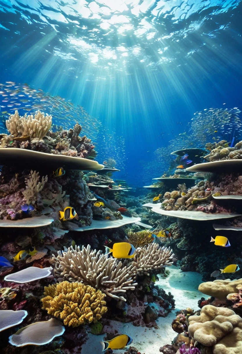 A magnificent image of a coral reef teeming with tropical fish, but with data streams that seem to intrude on the scenery.