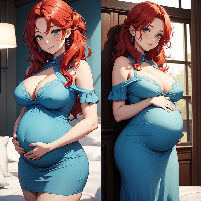 Pregnant, tight sky blue dress, curly red hair, sexy