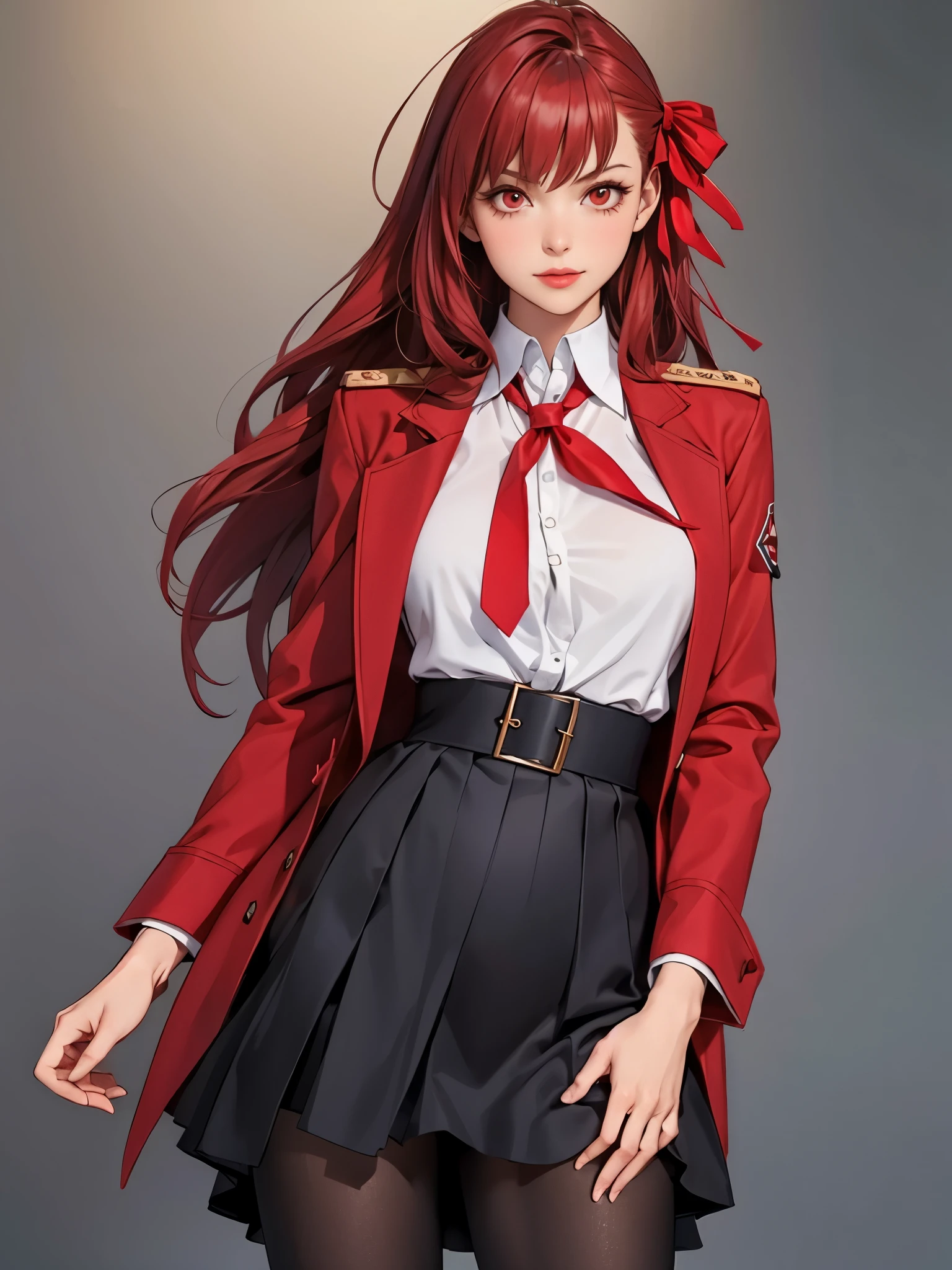 GlowingRunes_red, GlowingRunes_red red eyes, perfect eyes:1.2, detailed eyes:1.4, realistic:1.4, black pantyhose:1.2, very long hair, bb \(fate\), fringe, red ribbon, black necktie, griffin & kryuger military uniform, military uniform, necktie, red jacket, uniform, red hair, red eyes:1.2, black skirt, pleated skirt, bow, long sleeves, serious, cowboy shot, 1girl, solo, (masterpiece:1.6, best quality),