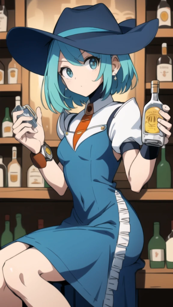 RiCO MegamanXD, 1 girl, looking at viewer, sitting on a stool, leaning on a bottle of tequila in her hand, cowboy dress, cowboy hat, watch on right arm